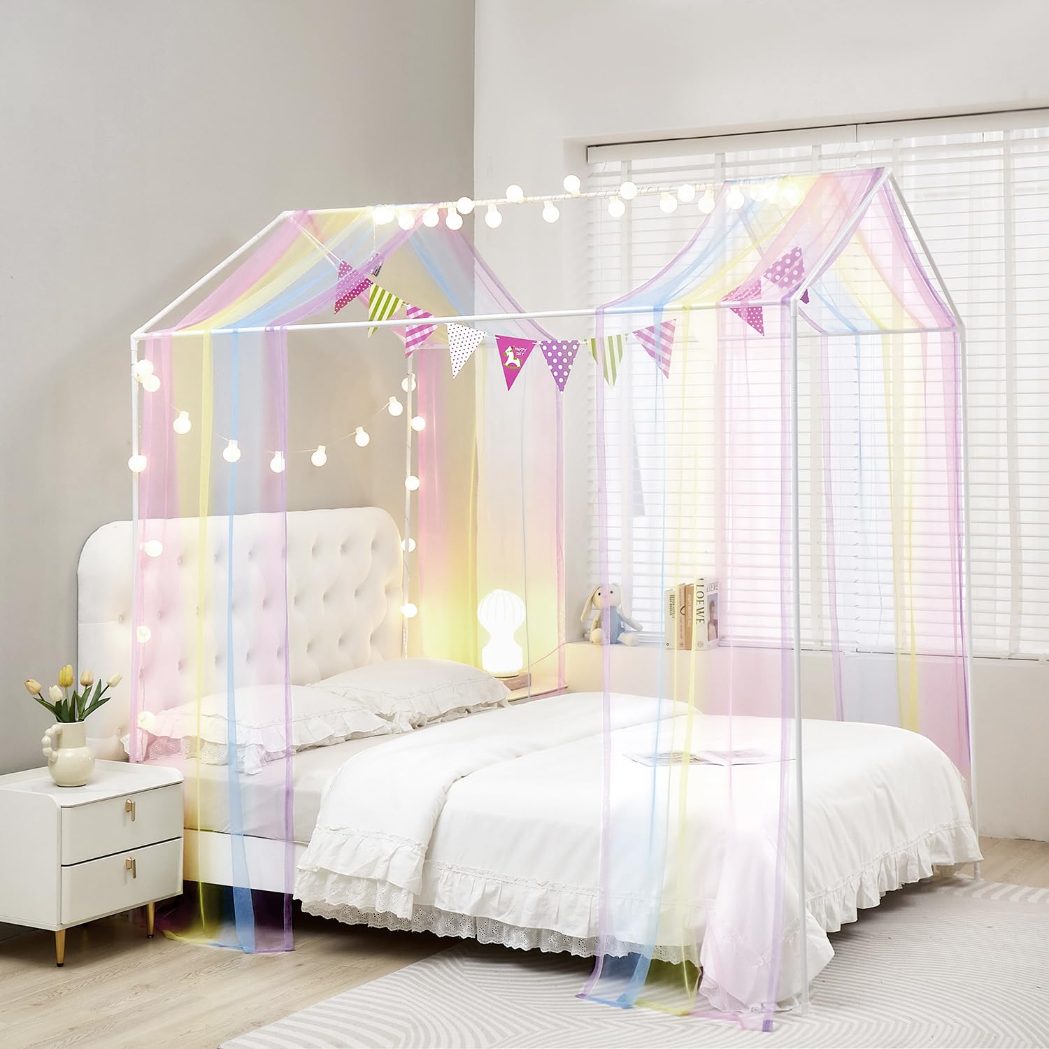 ZIQINPSQ House Bed Canopy Bed Curtains,2pcs Montessori Floor Bed Canopy for Girls Boys,Mosquito Net For Kids Wood Bed Frame,Bedroom Decorations (Rainbow)