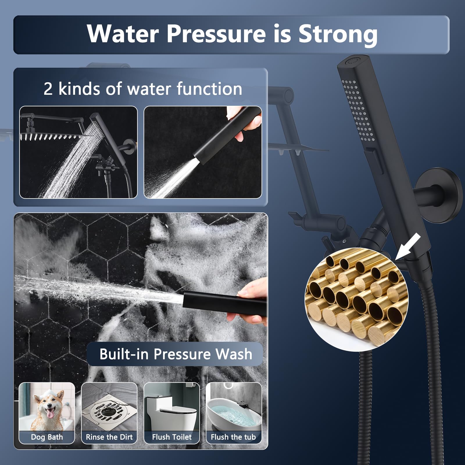 PDPBath Cabezal de ducha de lluvia de metal con rociador de mano, cabezal de ducha de lluvia de alta presión de 12 pulgadas con brazo de extensión ajustable de 16 pulgadas, manguera extra larga de 79