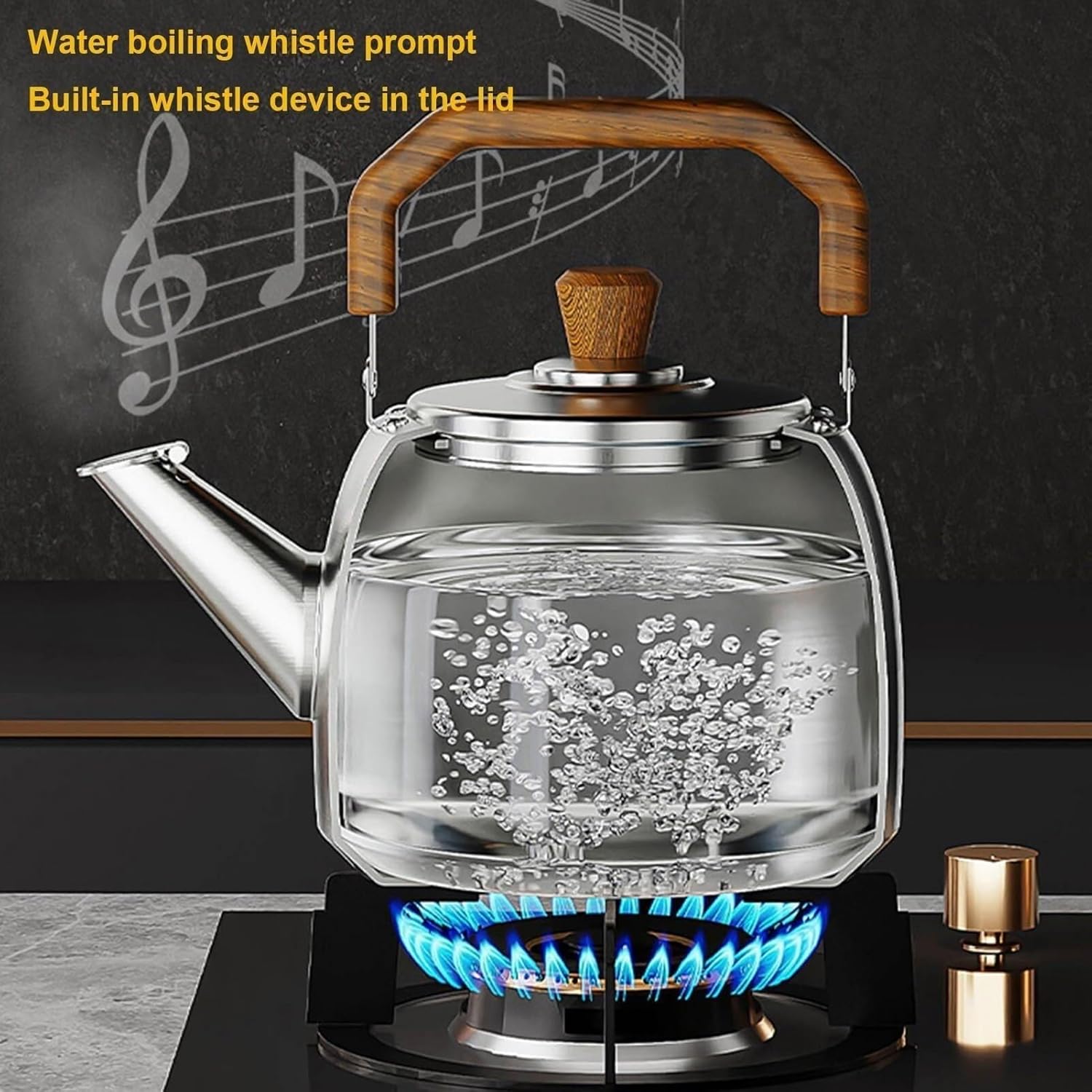 Tea Kettle Stovetop, Modern Food Grade 316 Stainless Steel Whistling 4.2QT Tea Pot, with Wood Anti-Hot Folding Handle for Gas Stoves Induction Cookers