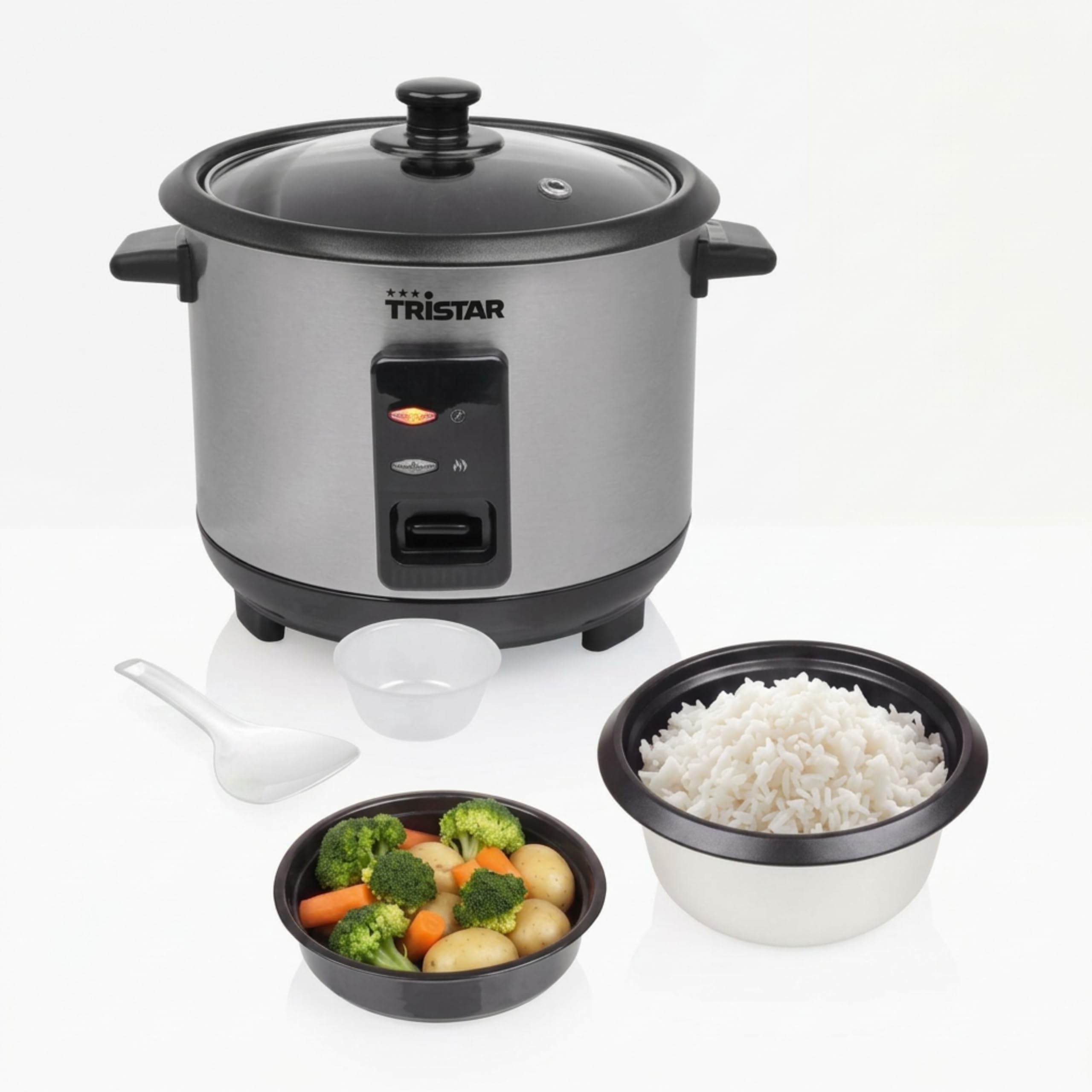Tristar Reiskocher, 1 L Kapazität für bis zu 5 Portionen, Edelstahlgehäuse, Antihaft-Innentopf, Dampfeinsatz, Warmhaltefunktion, 400 W, RK-6144