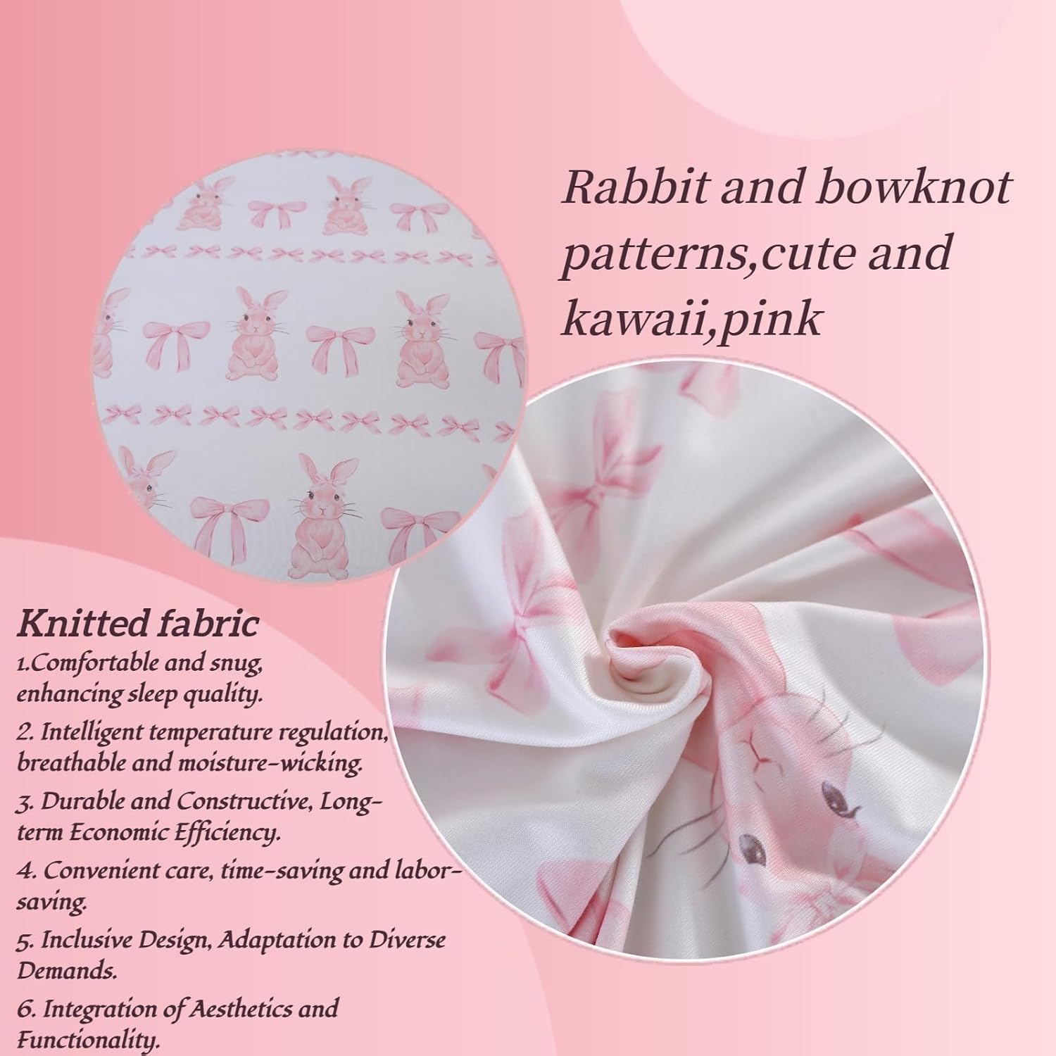 MAG 3Pcs Queen Microfiber Jersey Knit Bedding,Cute Rabbit Comforter Queen Size,Pink Easter Theme Cooling Bedding,All Season with 1 Comforter2 Pillowcases for Kids Girls,Elastic Wrinkle and Super Soft.