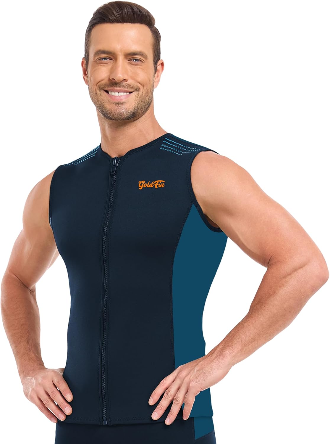 GoldFin Mens Wetsuit Vest, Sleeveless Wet Suits Tops for Men 2mm Front Zip Neoprene Jacket Swimming Diving Surfing Snorkeling