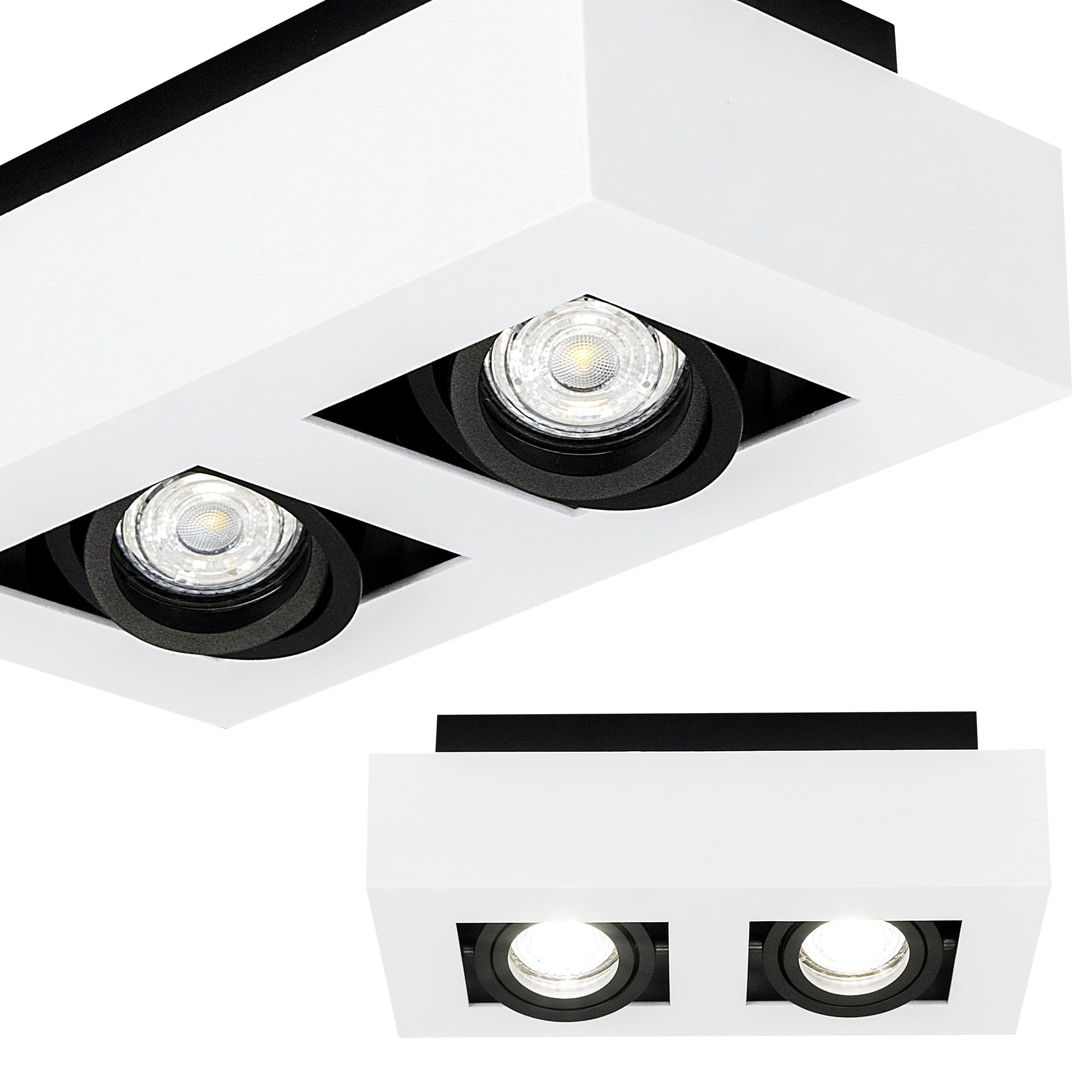 EDO Carré Spot de Plafond GU10 OSMIN RIM 2 Spots Blanc/Noir – Plafonnier en Saillie – Lampe Double avec Anneau Interchangeable et Orientable – Éclairage Moderne pour Salon, Chambre, Cuisine
