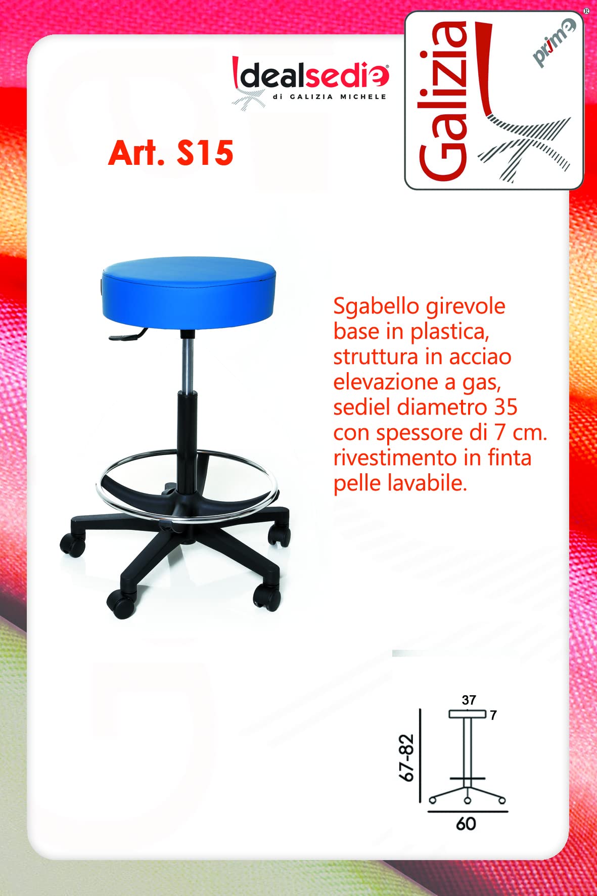 GALIZIA PRIME Sgabello da Lavoro con poggiapiedi Girevole per Salone estetico, bar, per ambulatorio Medico Dentista, con rotelle o Piedini, Rotazione Libera di 360°, 7 cm di Imbottitura (BLU)