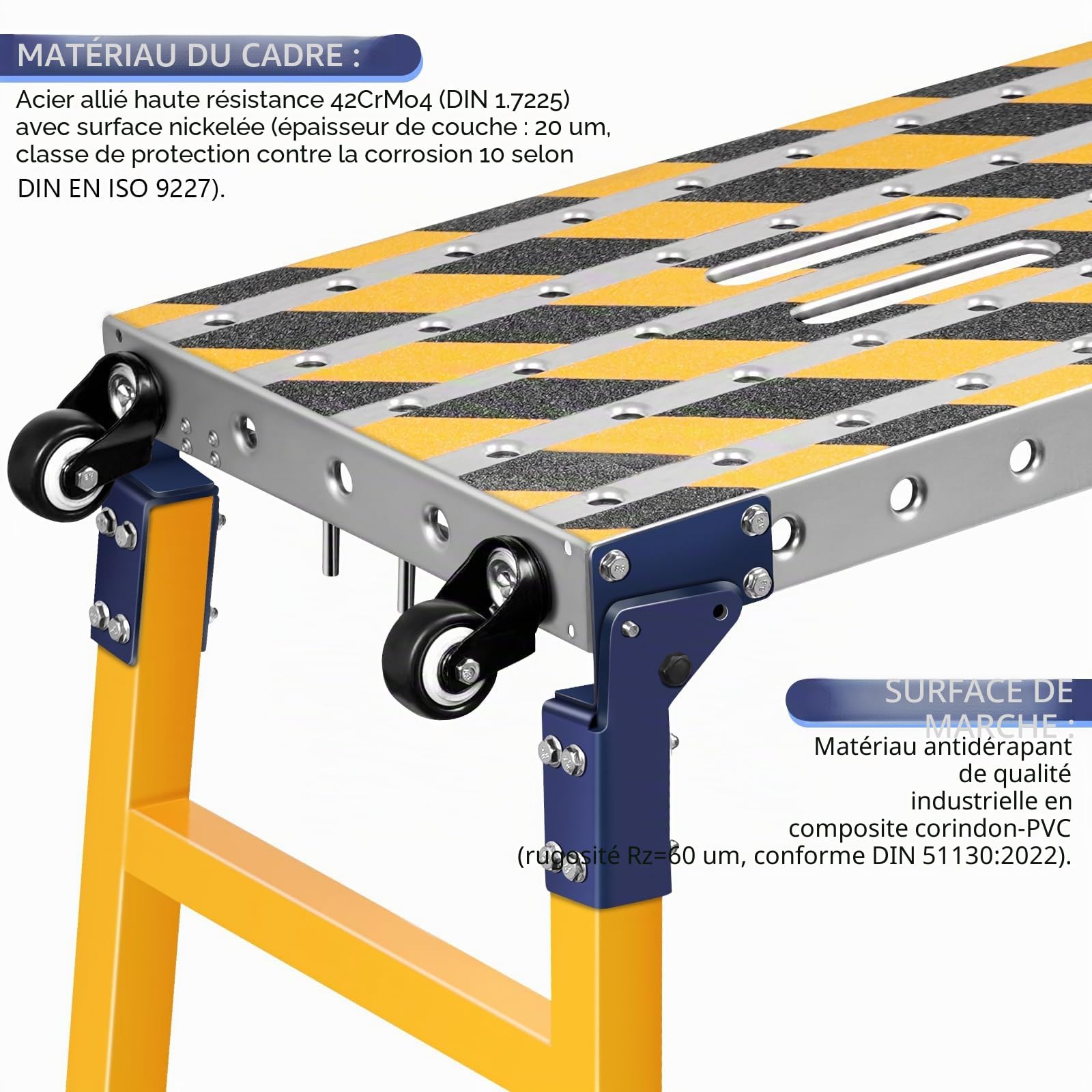 Plateforme de travail stable 2 en 1 + table de soudage mobile avec bandes adhésives antidérapantes - 160 x 36 cm - Plateforme de travail pliable - Établi galvanisé avec hauteur réglable - Charge