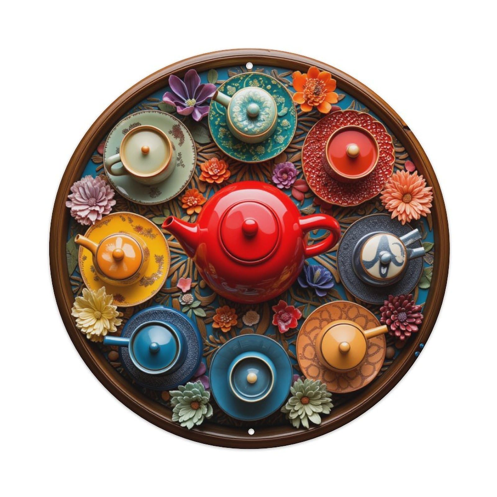 Floral Pattern Teapot Set Colorful Round Tin Sign Retro Metal Sign for Cafe Bar Pub Home Game Room Gym Club Wall Decoration Vintage Metal Poster 8x8 Inch