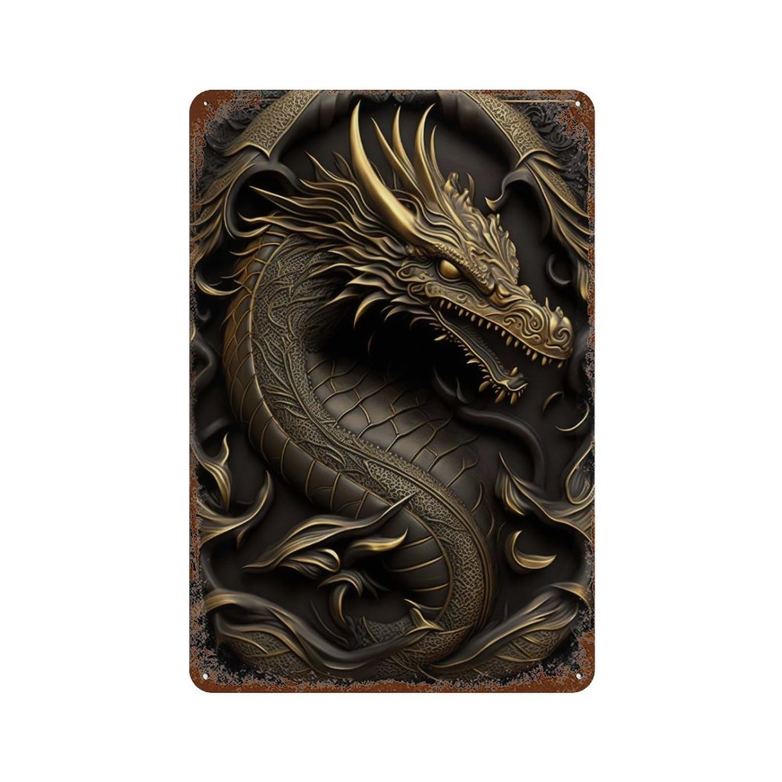 Dragon Gold Relief Deco Distressed Metal Wall Sign 11.8"x7.9", Rustic Home Decor for Living Room, Hallway And Home Decor