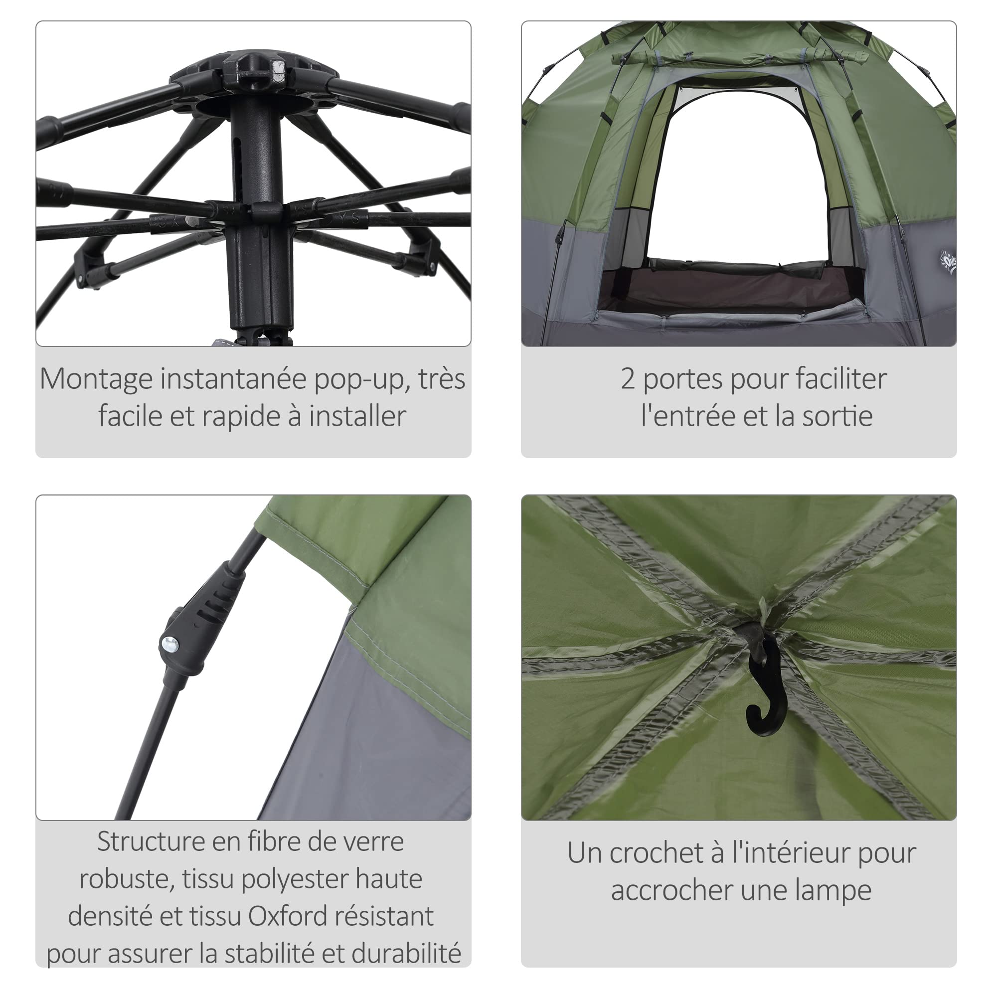 Outsunny Tente Pop up Montage instantané - Tente de Camping 3-4 pers. - 2 Grandes Portes - dim. 2,6L x 2,6l x 1,5H m Fibre Verre Polyester Oxford