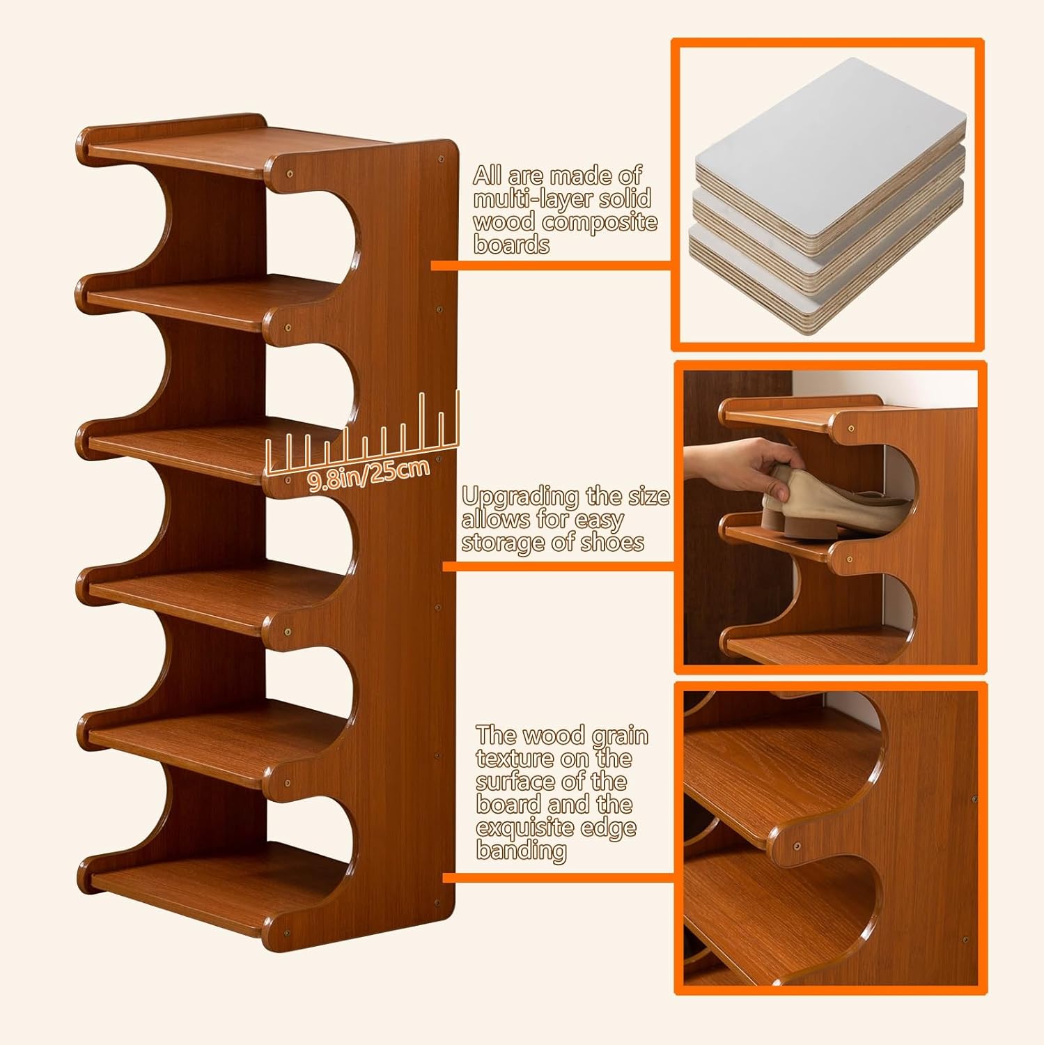 Vertical Narrow Shoe Rack, Corner Shoe Rack, 6 Tier Wooden Free Standing Multi Layer Shoe Storage Rack for Entryway, Corridors, Bedrooms Living Room Corner And Small Spaces(6 Tier)