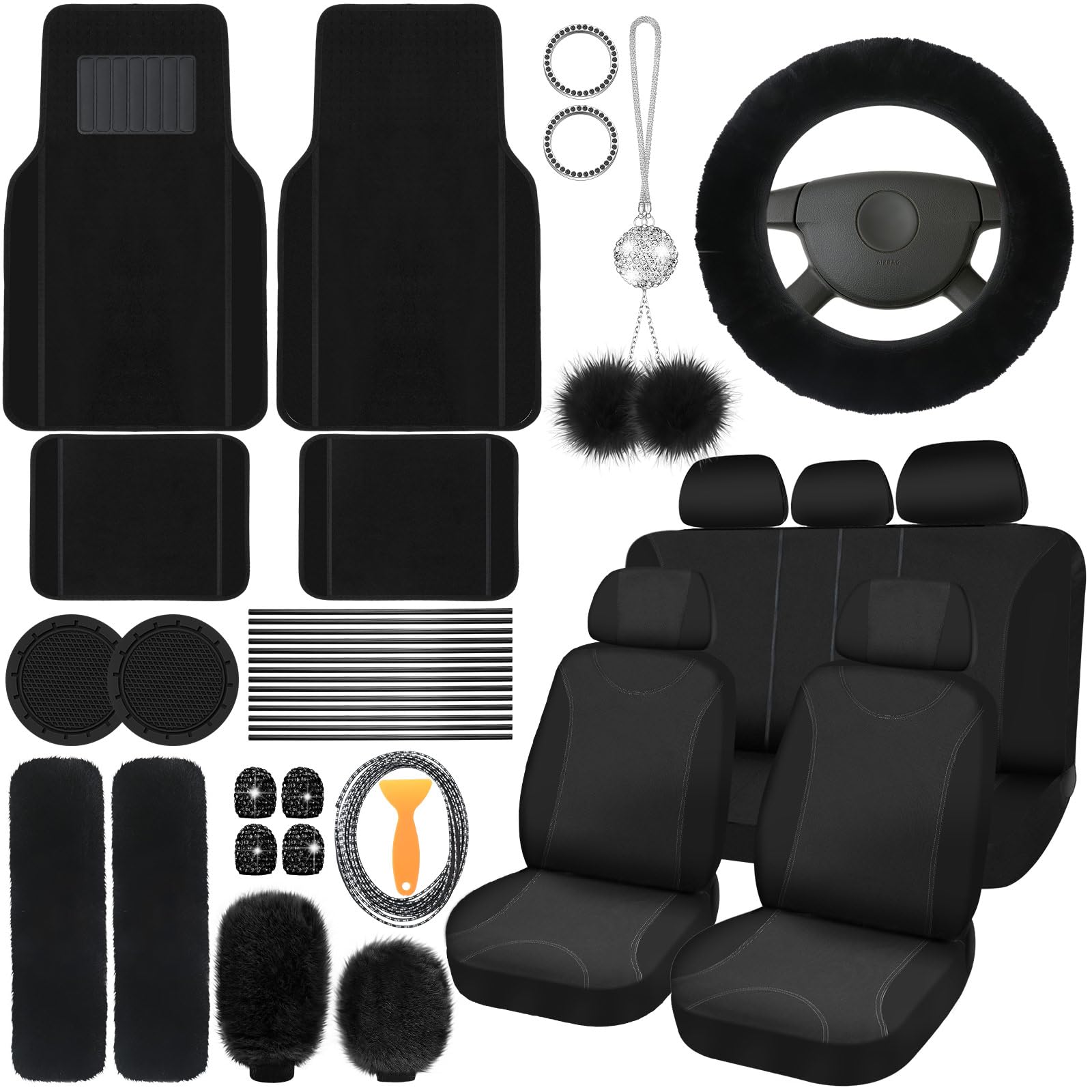 Woanger 47 Car Seat Cover Full Set for Women Included Car Front Rear Seat Fluffy Steering Wheel Cover Belt Automotive Floor Mats Air Conditioner