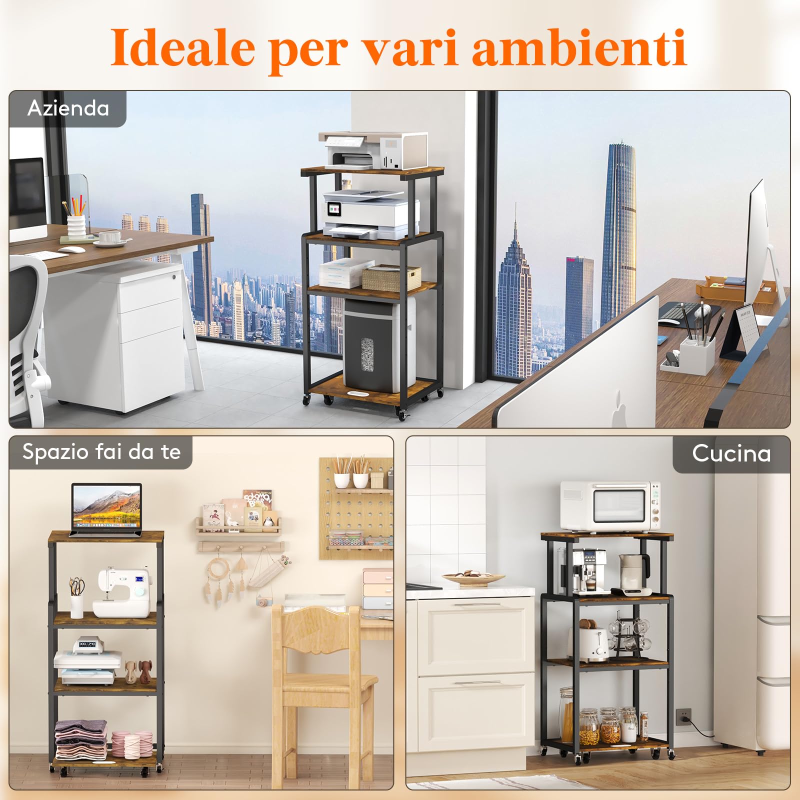Lifewit Carrello per Stampante 4 Livelli con Ruote e Ripiano Regolabile, Supporto per Stampante per Ufficio Domestico, Carrello per Distruggi Documenti, Scanner, Marrone Rustico, 53x40x112cm