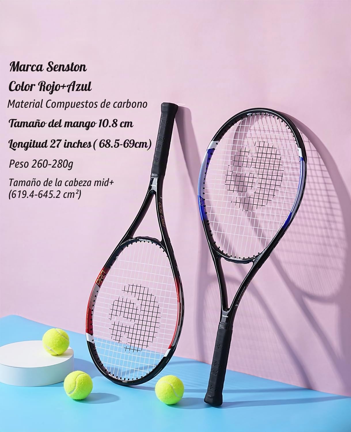 Senston Raquetas de Tenis para Adultos de 27 Pulgadas, Raquetas de Tenis para 2 Jugadores con 3 Pelotas, 2 agarres, 2 amortiguadores de vibración