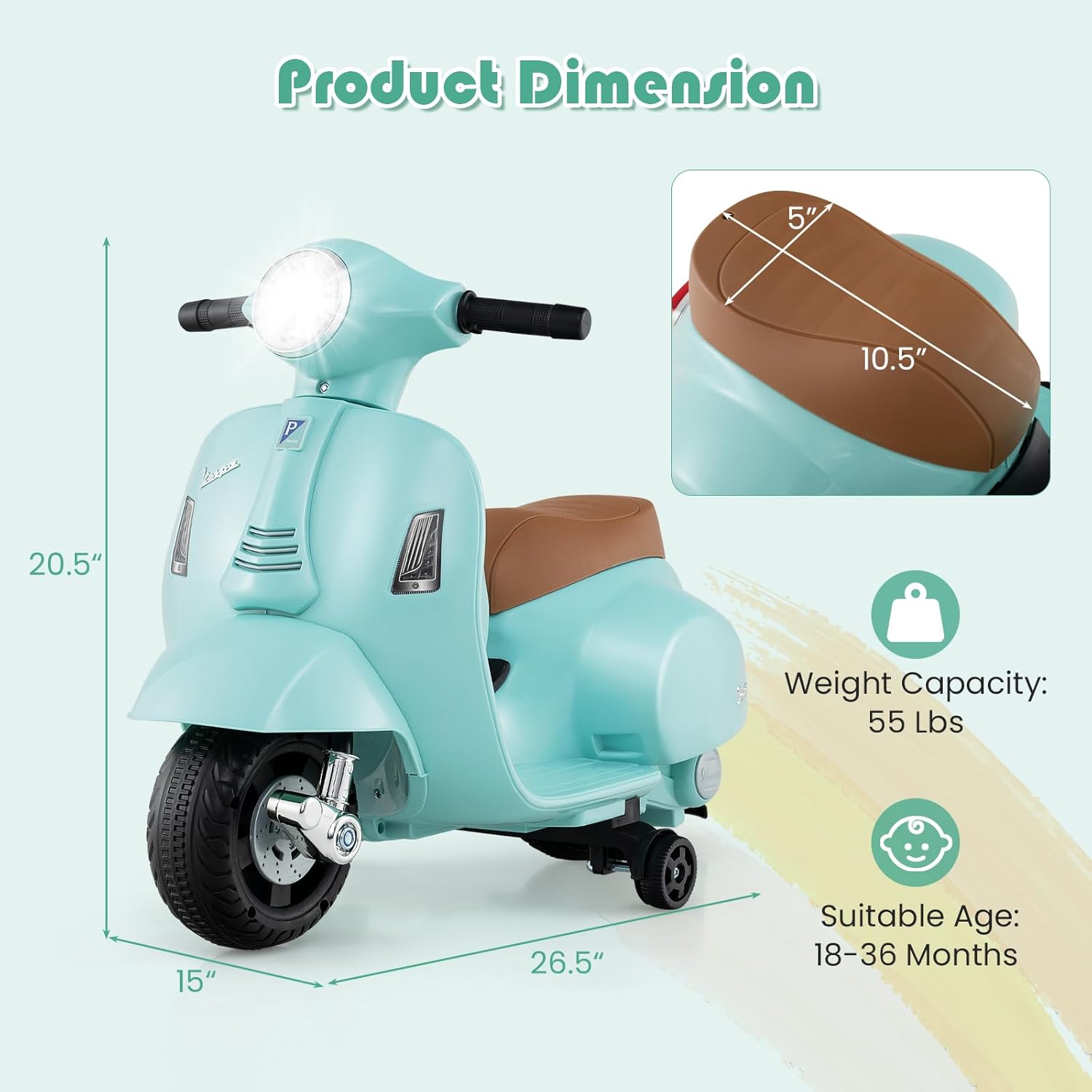 Licensed Vespa Kids Motorcycle by INFANS, 6V Battery Powered Motorbike for Toddlers with Training Wheels, Horn, LED Lights, Electric Ride on Toys for Boys Girls Aged 18-36 Months (Green)