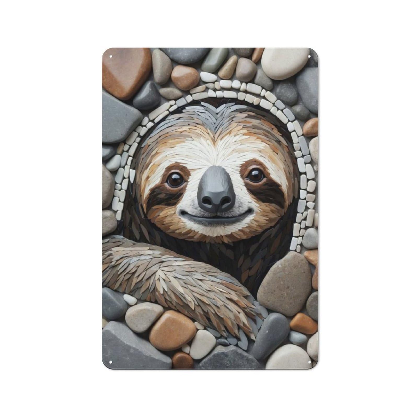 Junmoney Style-9 Sloth Portrait In Stone Mosaic Rustic Tin Sign 30X20cm For Lounge Or Reading Corner, For Metal Sign Collectors, For Cafés, Pubs And Restaurants