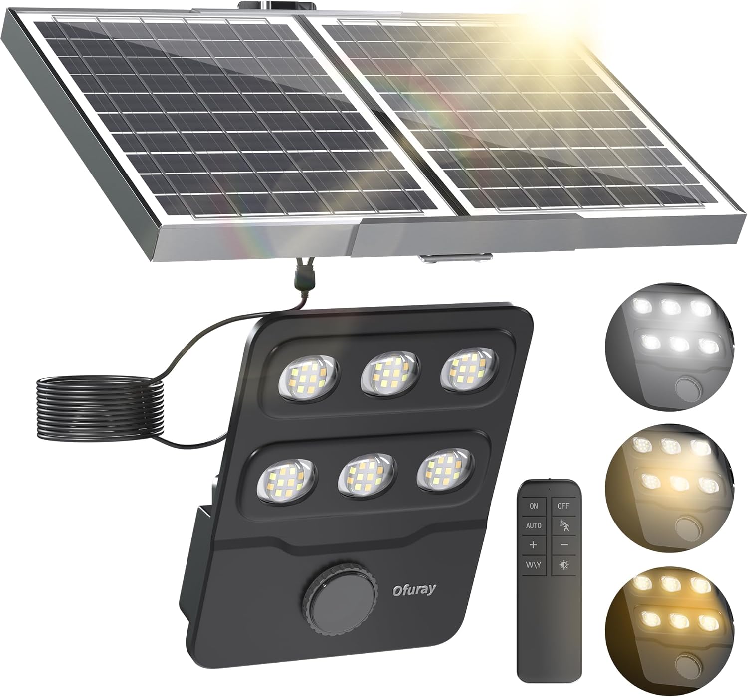 Ofuray Solar Flood Lights Outdoor 18Ah,High Power Dusk to Dawn with Motion Sensor, 4 Modes 2700K/4000K/6500K, 9.8ft Cable, Adjustable Angle, Separate Solar Panel, Metal Clamps for 1.3–4" Poles Trip-2