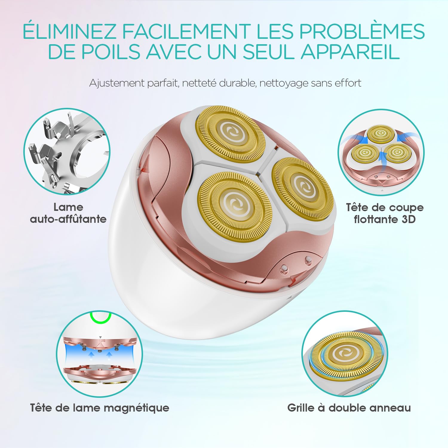 VOGOE Rasoir Electrique Femme - Indolore et Imperméable, Rechargeable, Rasoir Femme Electrique Pour Visage Corps Bras Jambes et Bikini, Tondeuse à poils corporels ES300 (Or)
