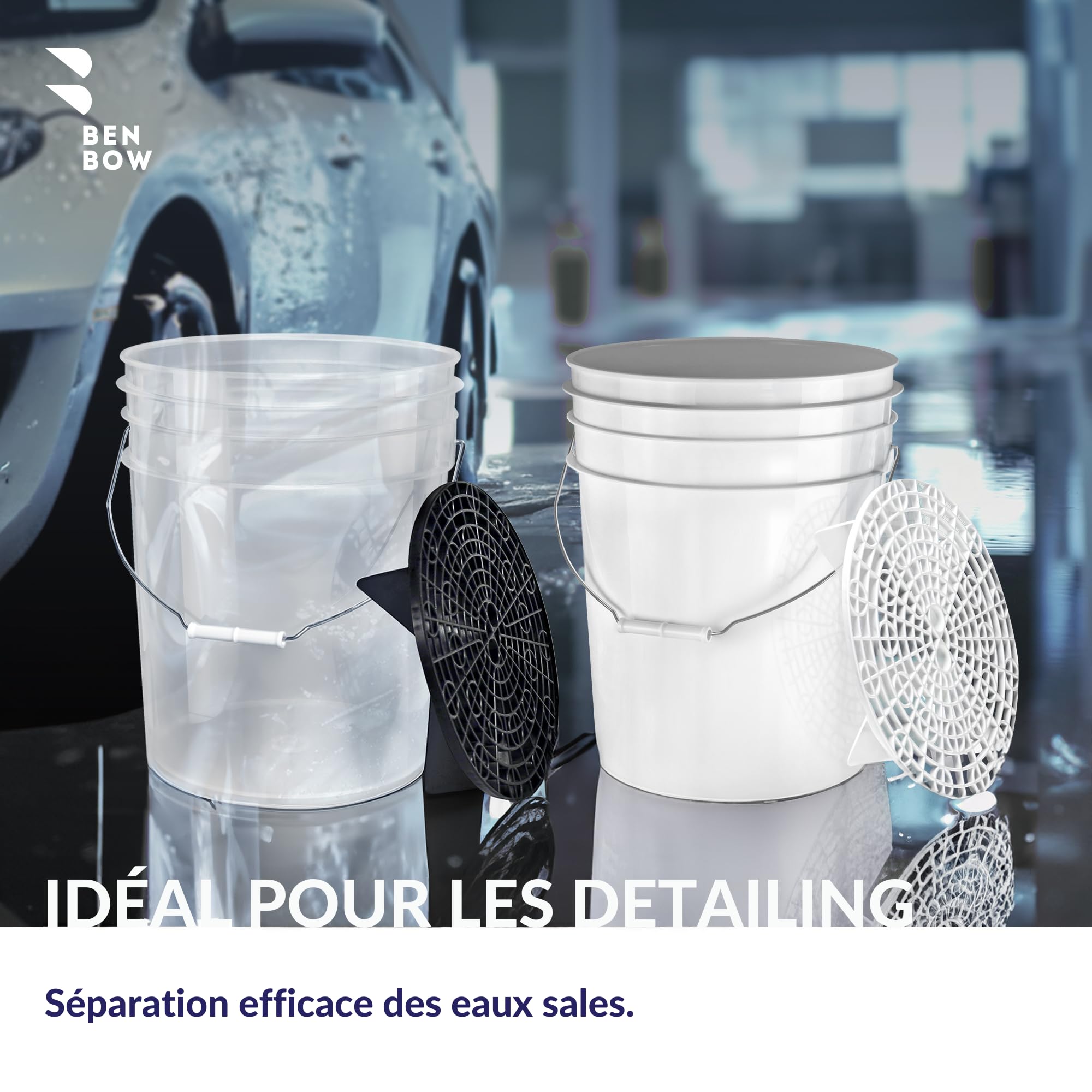 BenBow kit de Lavage Auto : 2 seaux de 20 litres avec 2 grilles de Lavage filtrantes et 2 couvercles de Seau - idéal pour Un Nettoyage Efficace et sans Rayures - Lavage à Deux seaux
