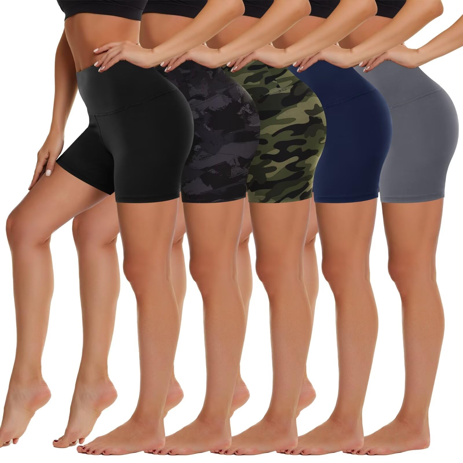 HIGHDAYS 5 Pack Biker Shorts Women - 5"/8" High Waist Spandex Workout Yoga Running Athletic