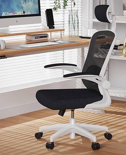 Leteuke Silla de oficina ergonómica con reposabrazos abatibles de 90 y soporte lumbar acolchado silla de oficina de malla de respaldo alto con