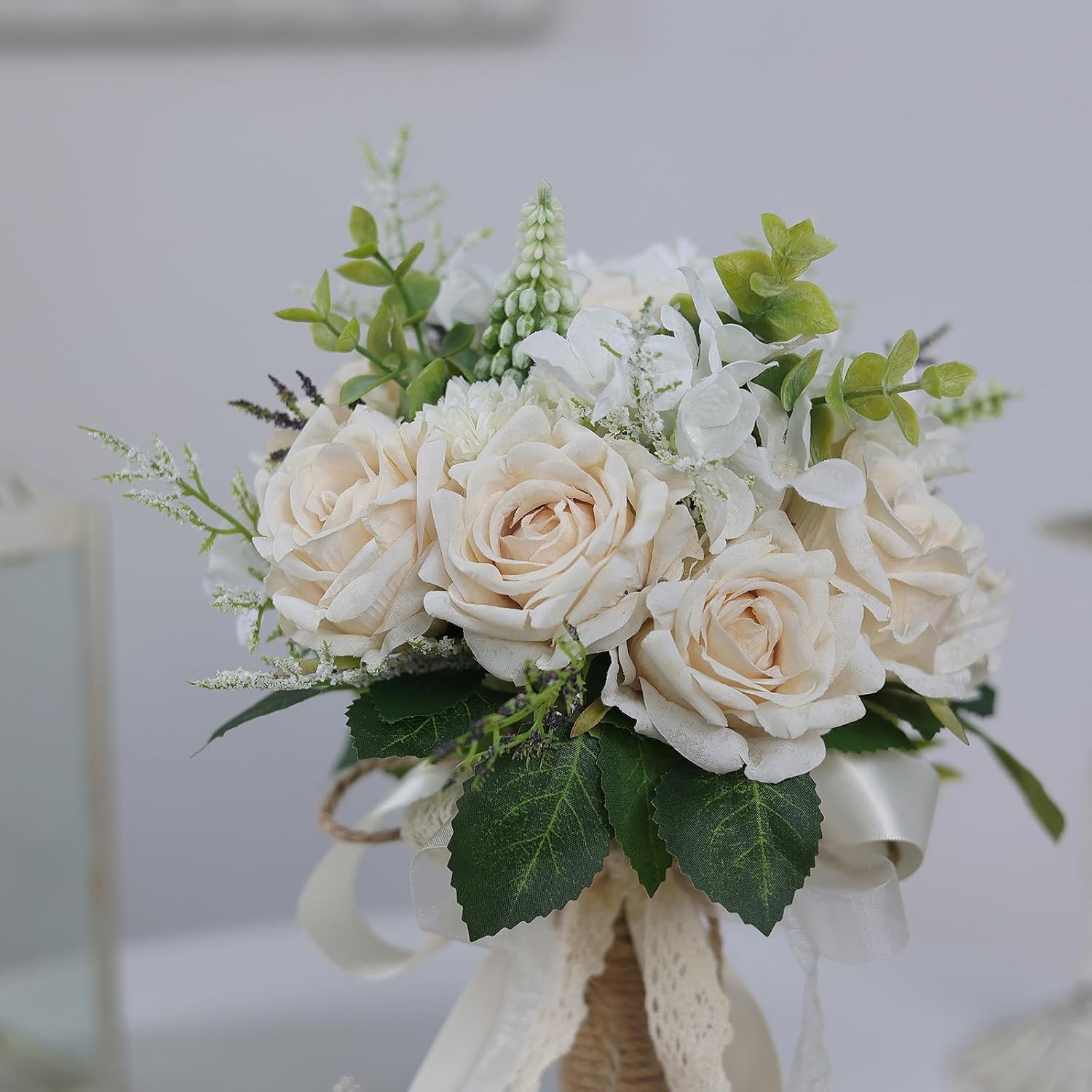 Wedding Bouquets Large for Bride Bridesmaid,White Champagne Artificial Roses Flowers for Wedding Church Decoration (9.5in) - Image 5