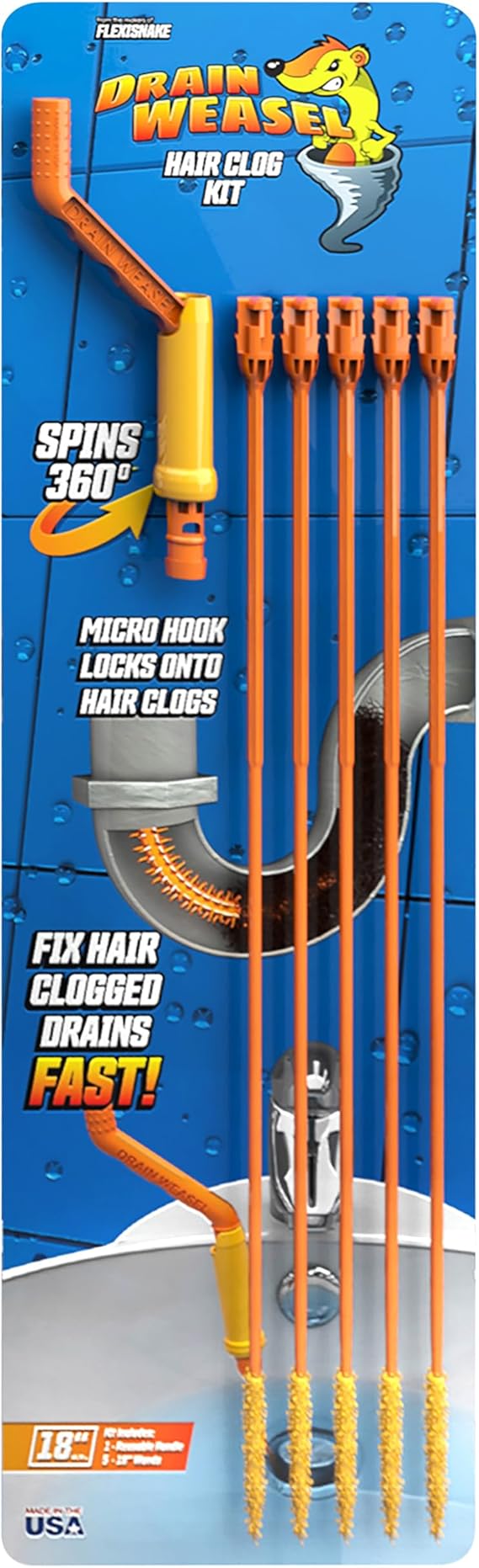 FlexiSnake Drain Weasel Sink Snake Hair Clog Remover Tool, Pipe