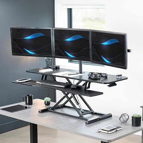 Miniatura 2 de VIVO DESK-KIT-48KB3C - Convertidor de escritorio de pie de 48 pulgadas de altura ajustable con soporte para monitor triple de 21.5 a 27 pulgadas,