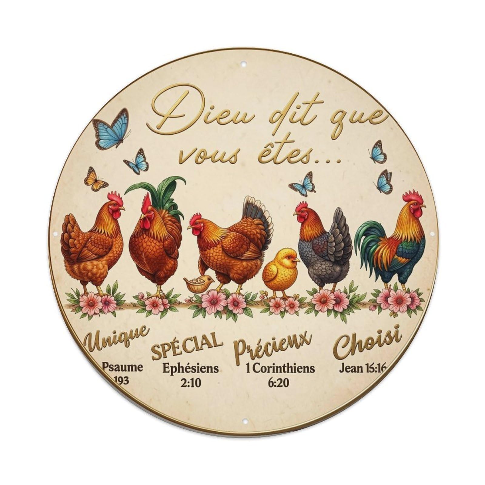 Chicken Butterflies Flowers Scripture Text Round Tin Sign Vintage Metal Sign Home Bar Garden Indoor & Outdoor Wall Decor Retro Metal Poster 8x8 Inch