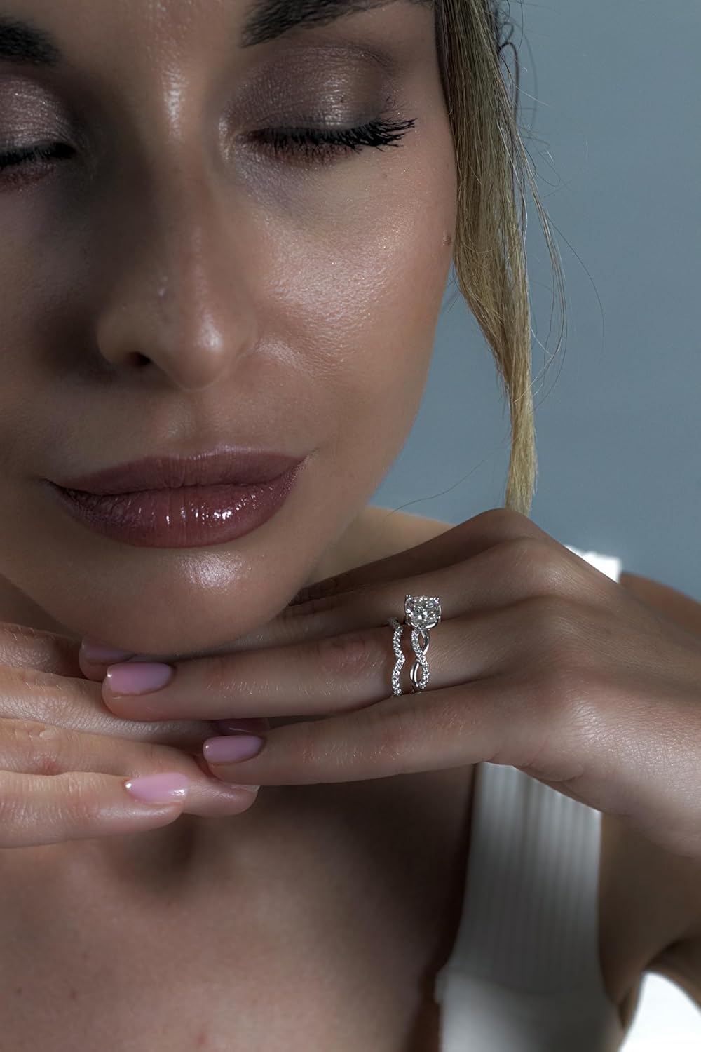 Metal Masters 2Ct. Cushion Cut Moissanite Engagement Bridal Set Tulip Basket Setting Contoured Infinity Twist Wedding 18K White Gold Over Silver