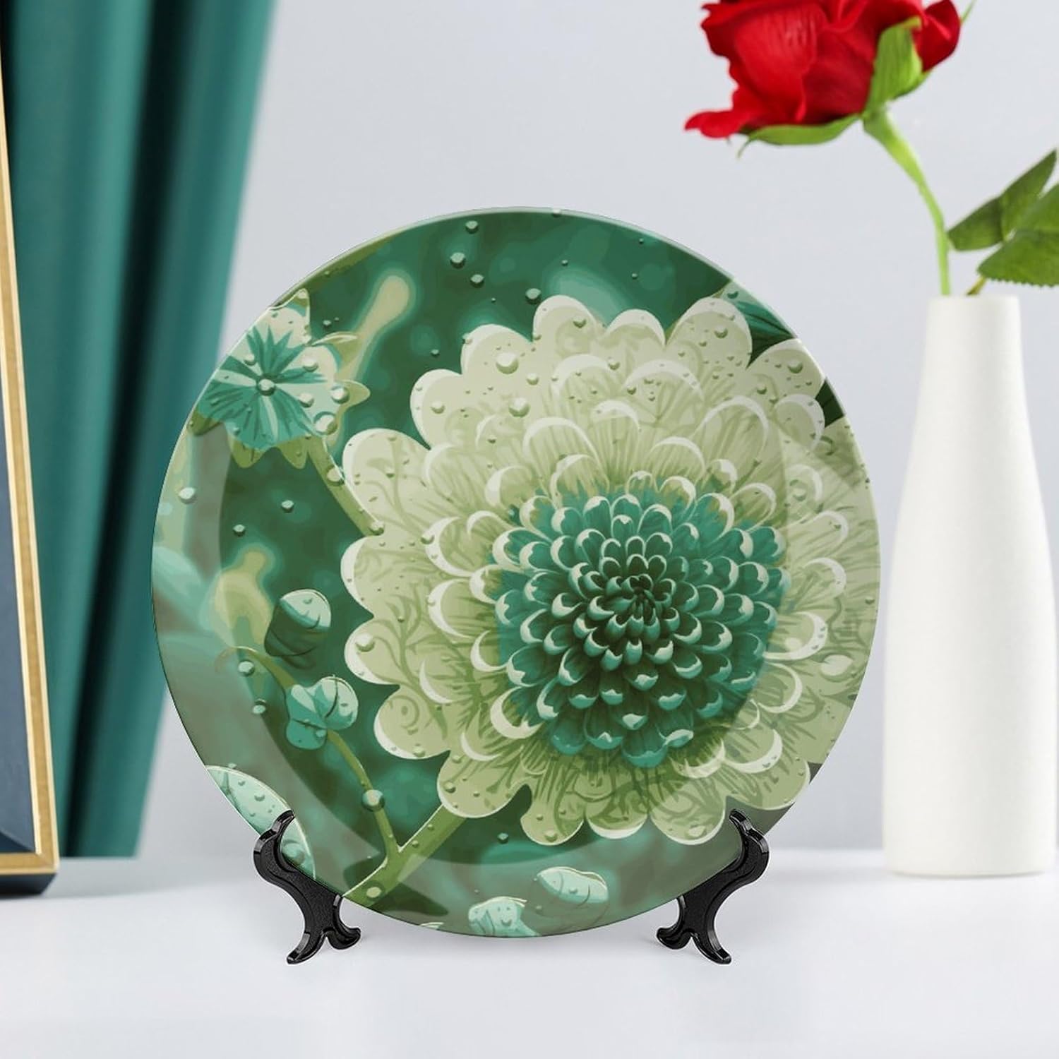 Green Flower Decorative Plates for Display Round Porcelain Plate Living Room Table Ceramic Hanging Decorative Plate Art Decor for Living Room Table with 1 Display Stand 10inch