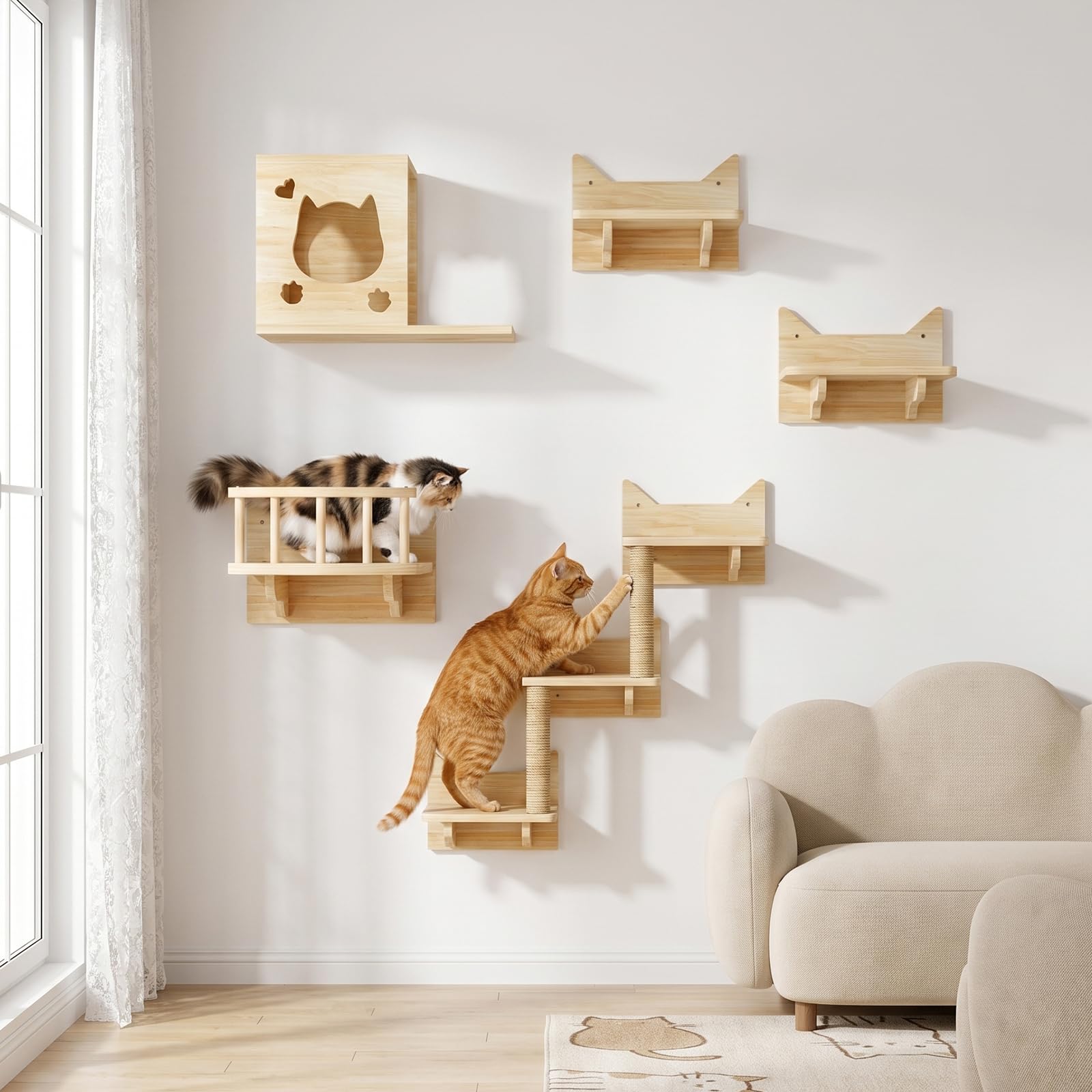 Ensemble de mur d'escalade pour chat, arbre à chat | Hamac en panneau multiplex robuste pour chat avec maison pour chat, pont pour chat, arbre à chat