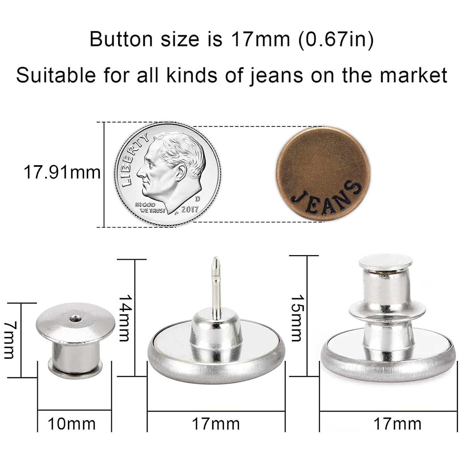 8 Sets Button Pins for Jeans, TOOVREN Jean Button Pins, 3 Styles Jean Replacement Buttons Metal Clips Snap Tack, No Sew Buttons for Jeans, Adjustable Button for Jeans, Pants Button Pins for Jean, Bag