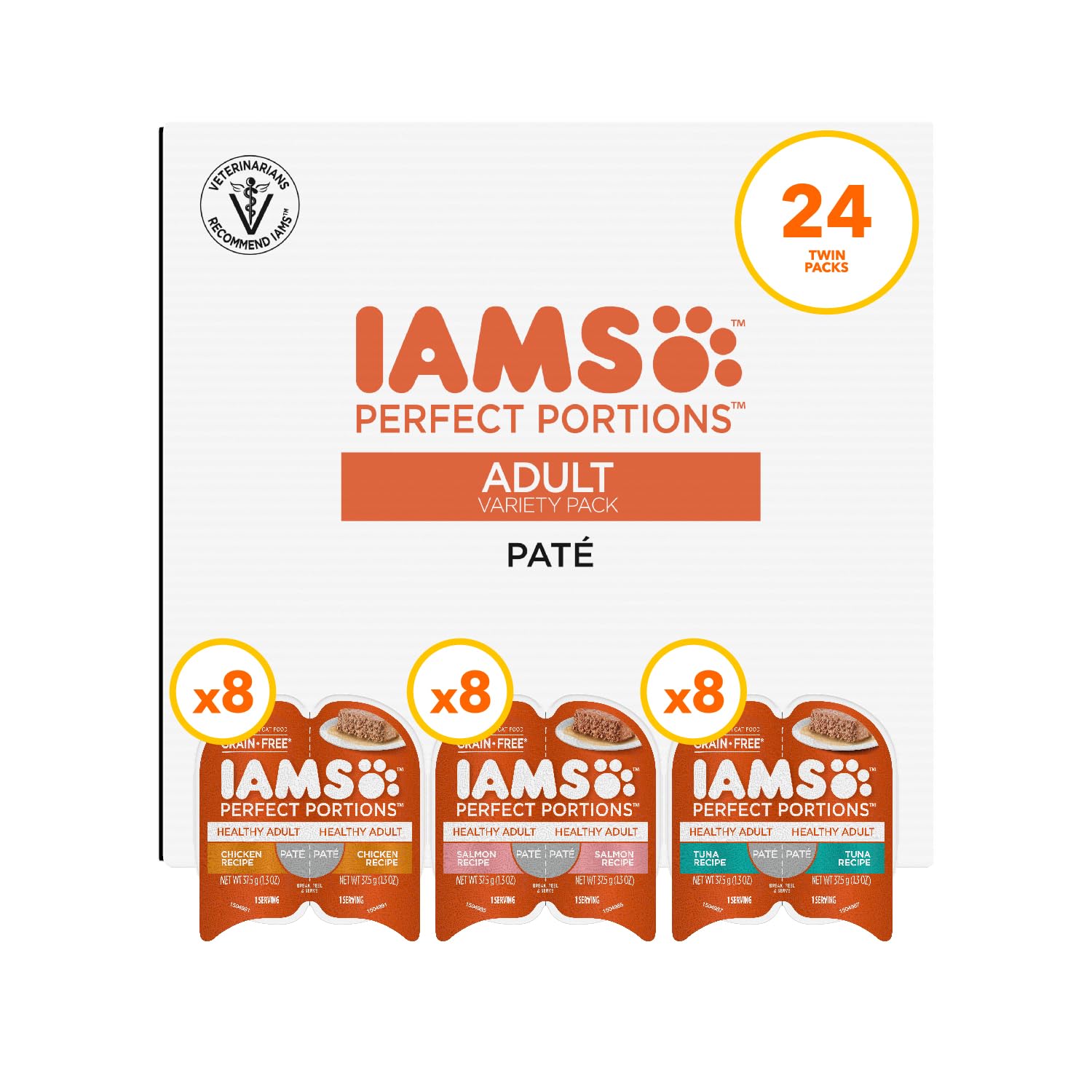 IAMS Perfect Portions Adult Wet Cat Food Paté Variety Pack, Chicken, Salmon, and Tuna Recipes, 2.6 oz. Easy Peel Twin-Pack Trays (24 Count, 48 Servings)