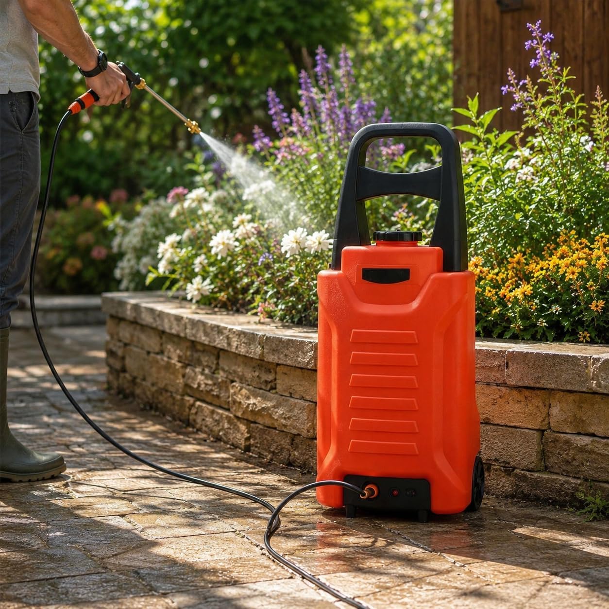 Carrello di pulizia alimentato ad acqua da 35 litri, sistema ricaricabile con palo e tubo da 7 m per lavaggio auto, pulizia finestre e irrigazione giardino