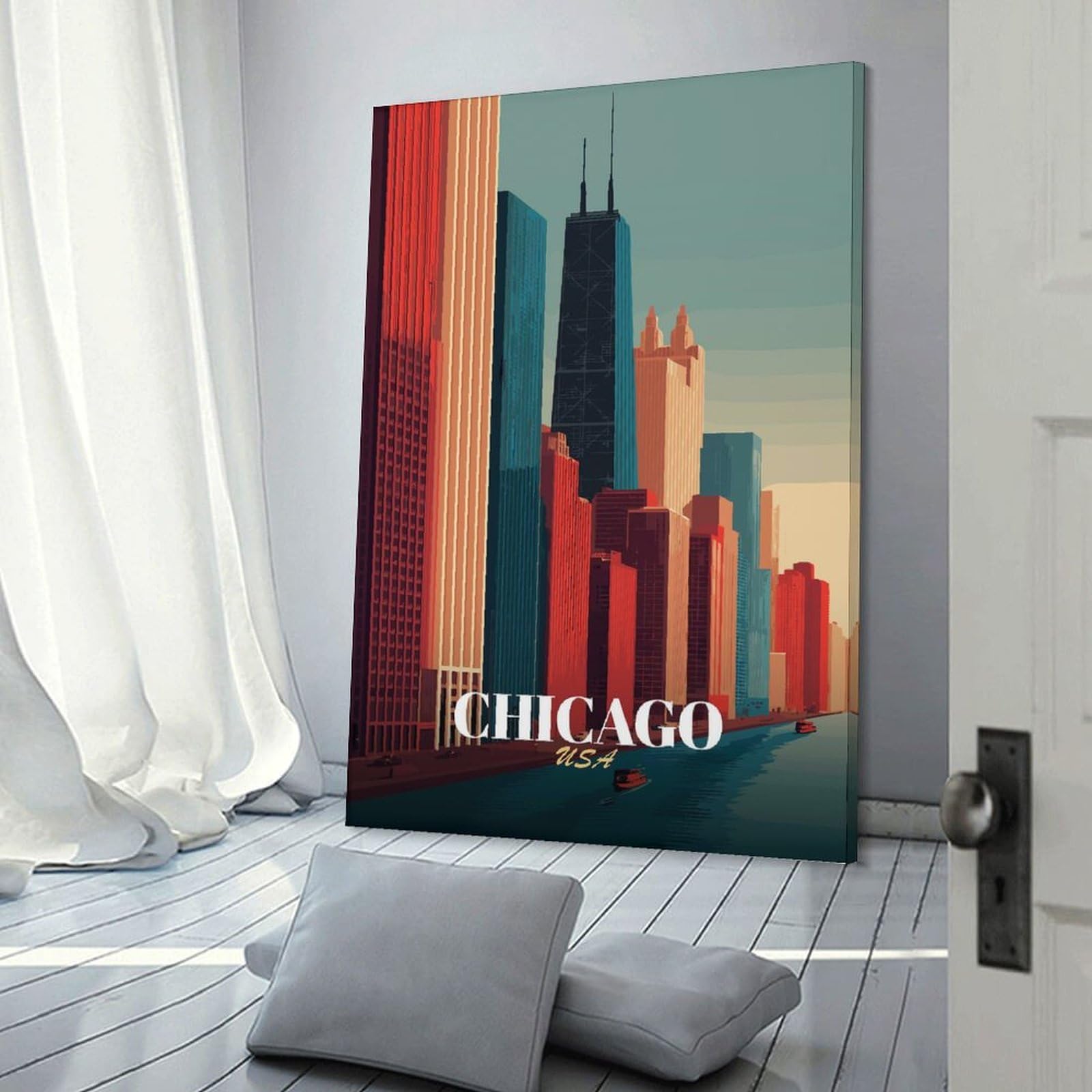 Junmoney Canvas Wall Art Chicago Skyline Art Deco Style, 20x30inch(50x75cm), for Living Room, Lounge Or Sitting Room, Canvas Styling for A Polished Room Look