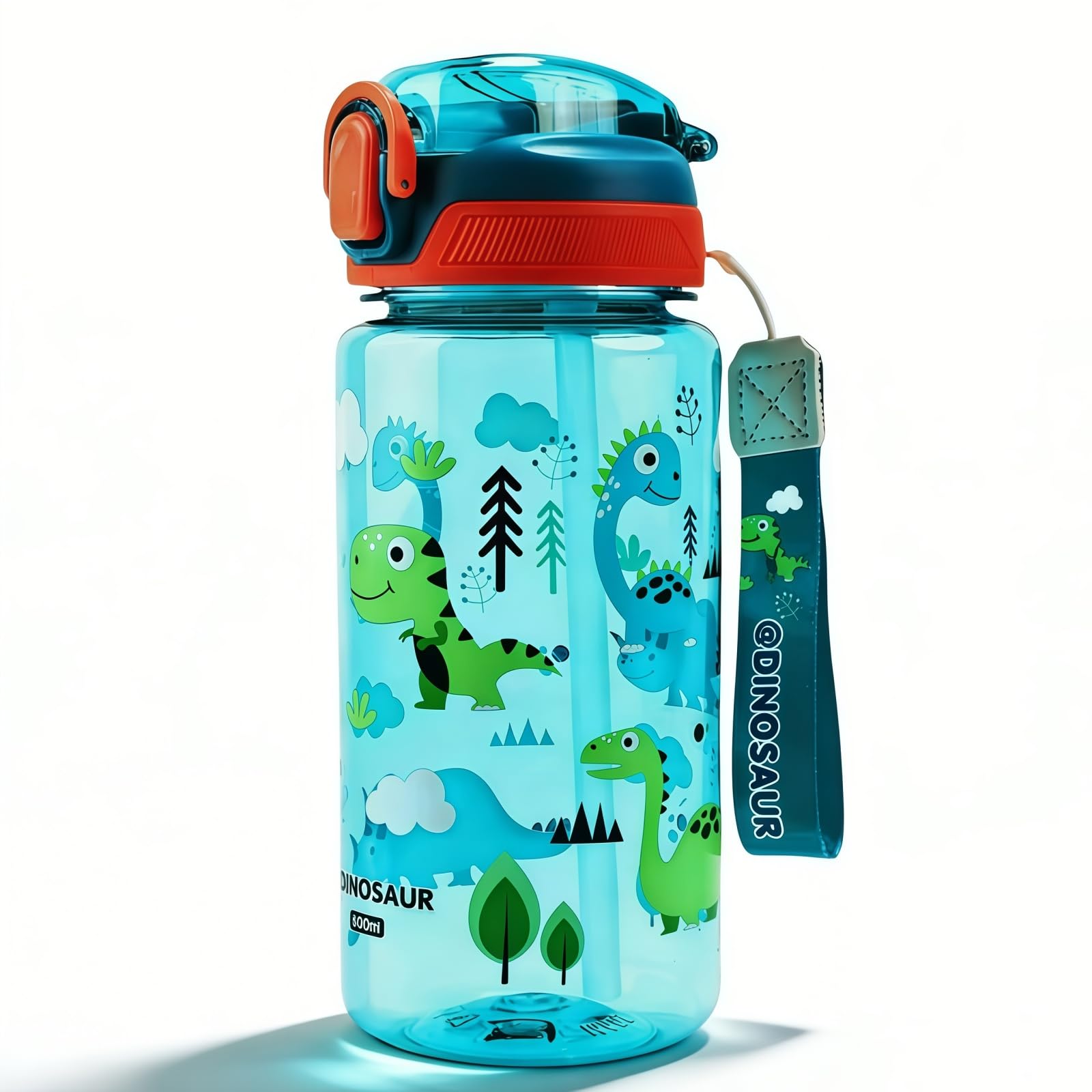Botella Agua Niños, 600 ML, Robusta, a Prueba de Fugas, Sin BPA, con Apertura de un Solo Toque, Fácil de Limpiar, con Pajita, Ideal para La Colegio y el Exterior (Dinosaurio)