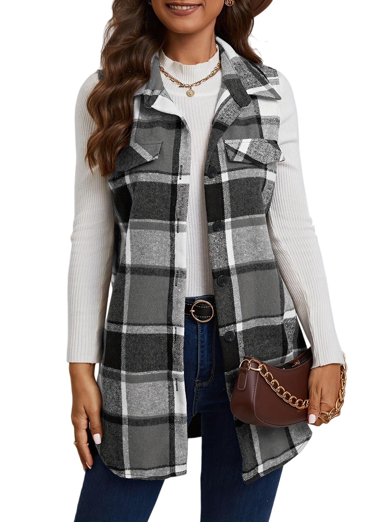 Plaid Vest for Women Long Button Down Sleeveless Cardigan Casual Lapel Waistcoat Curved Hems Long Cardigan Coat
