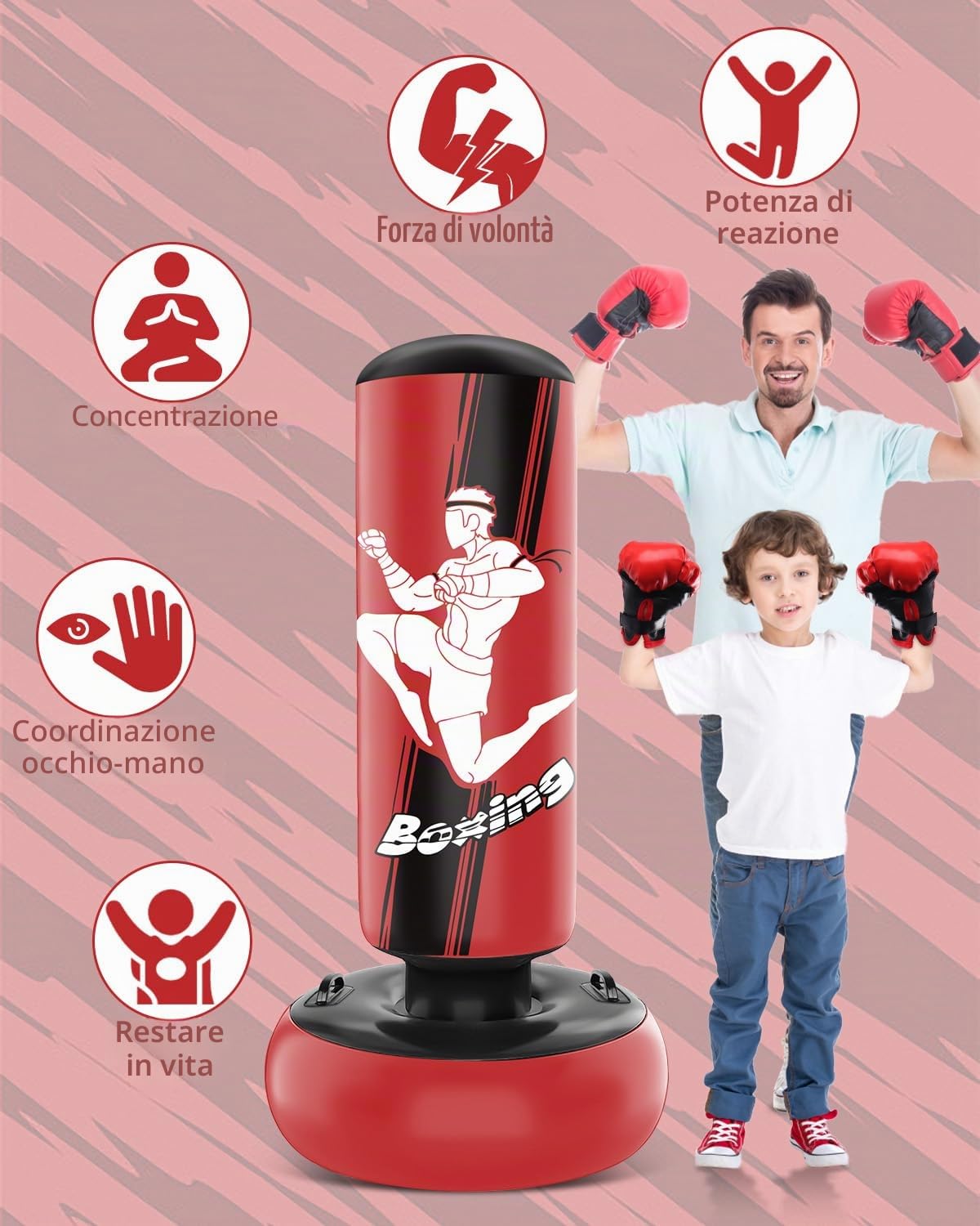 Sacco da boxe bambini - Set di sacco boxe autoportanti da 160 cm con guantoni da boxe - Sacco da kickboxing gonfiabile Dinosauro feroce per allenamento Karate Taekwondo MMA
