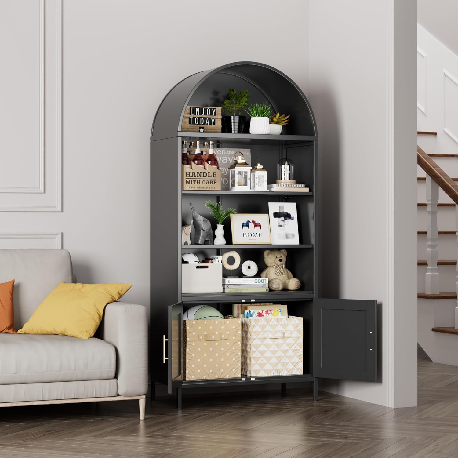 Metal Arched Bookcase Cabinet,Wide Black Arched Bookshelf with 2 Adjustable Shelf for Home Office Living Room,Required Assembly,17.7" D x 35.5" W x 78.8" H