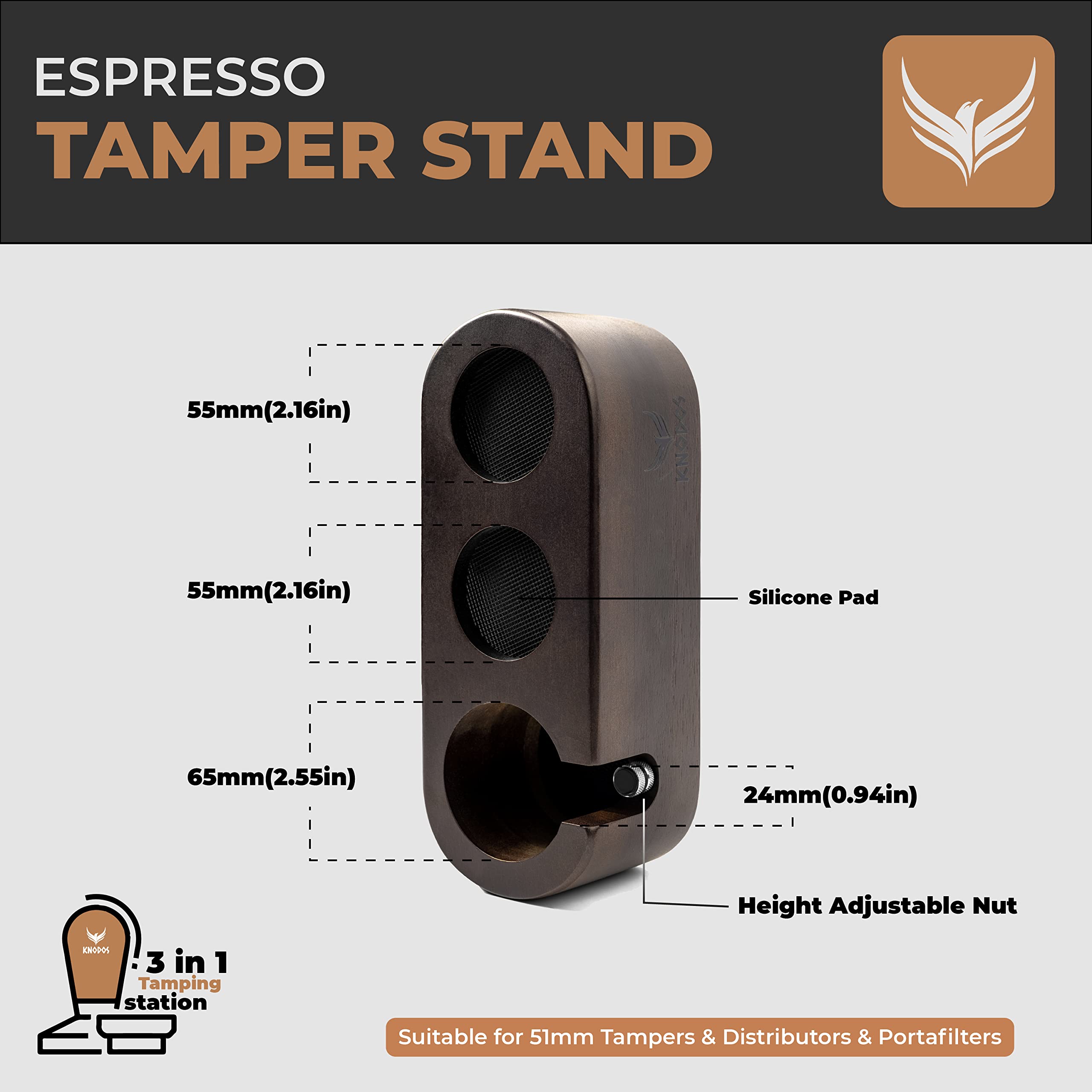 Espresso Tamping Station KNODOS Compatible With 51mm Espresso Machine Accessories For Coffee Bar Wooden Coffee Tamper Stand And Portafilter Holder Barista Espresso Tools