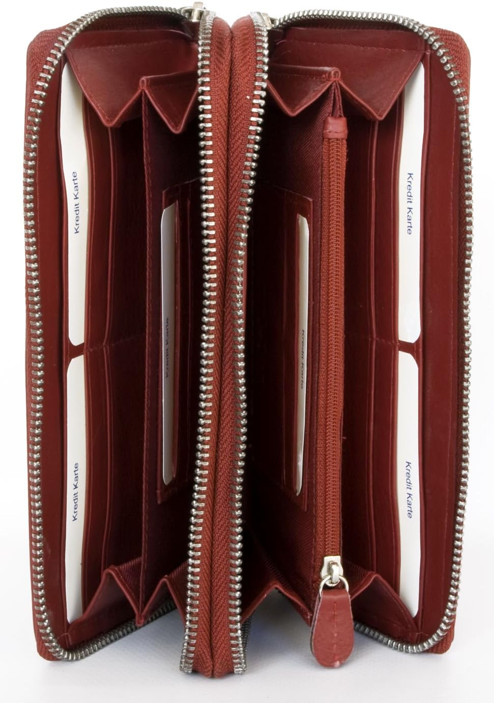 HMT Women's Dark Red Twin-Zip-Around Quality Genuine Leather Wallet - Image 4
