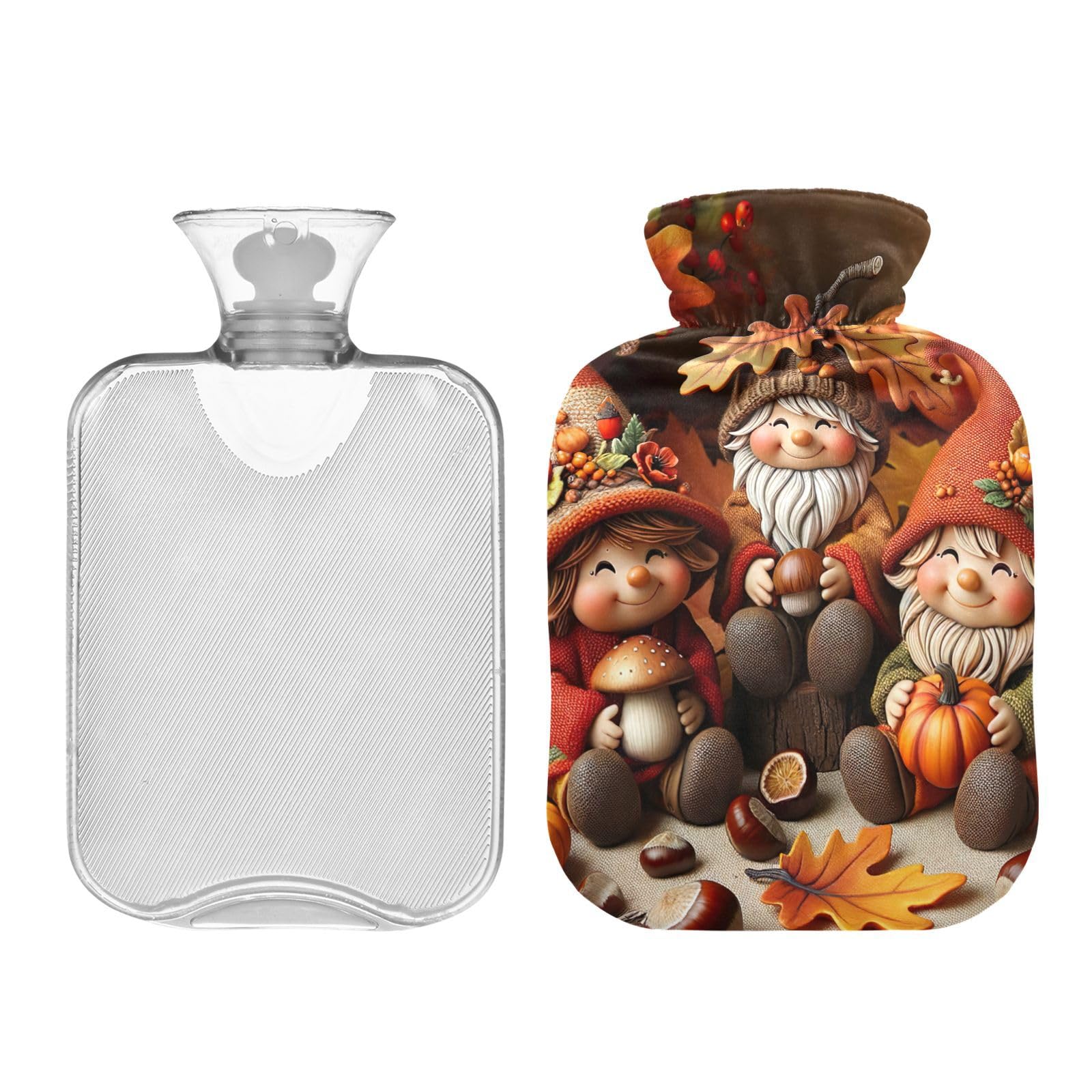 Cute Autumn Gnomes Brown Hot Water Bottle Hot or Cold Water Bottle with Soft Cover Hot Water Bag for Neck, Shoulder and Menstrual Cramps, 2 Liters