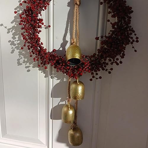 Miniatura 3 de Campana de hierro hecha a mano con acabado de latón, 4 campanas de vaca de latón en cuerda para pomo de puerta de Navidad, campanas rústicas vintage