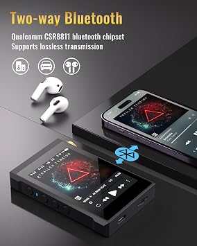 S7 HiFi MP3 Player with Bluetooth, Lossless DSD256 Digital Audio Player, High Resoultion Portable Music Player with Metal Body & Glass Back, Dual DAC, Supports Up to 512GB