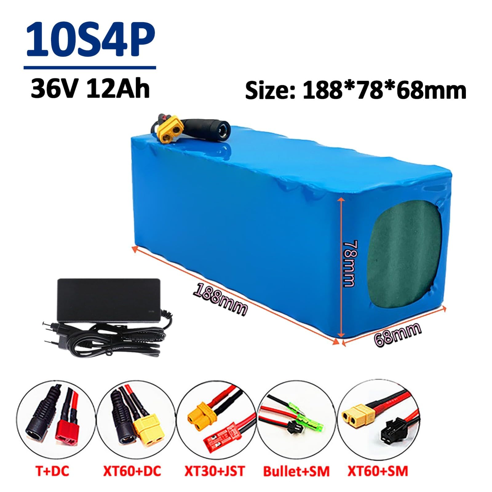 Batería para Bicicleta Eléctrica De 36V Y 12Ah, Batería De Litio De Alta Potencia, Batería Recargable De Iones De Litio 10S4P, Batería para Patinete Eléctrico con Cargador