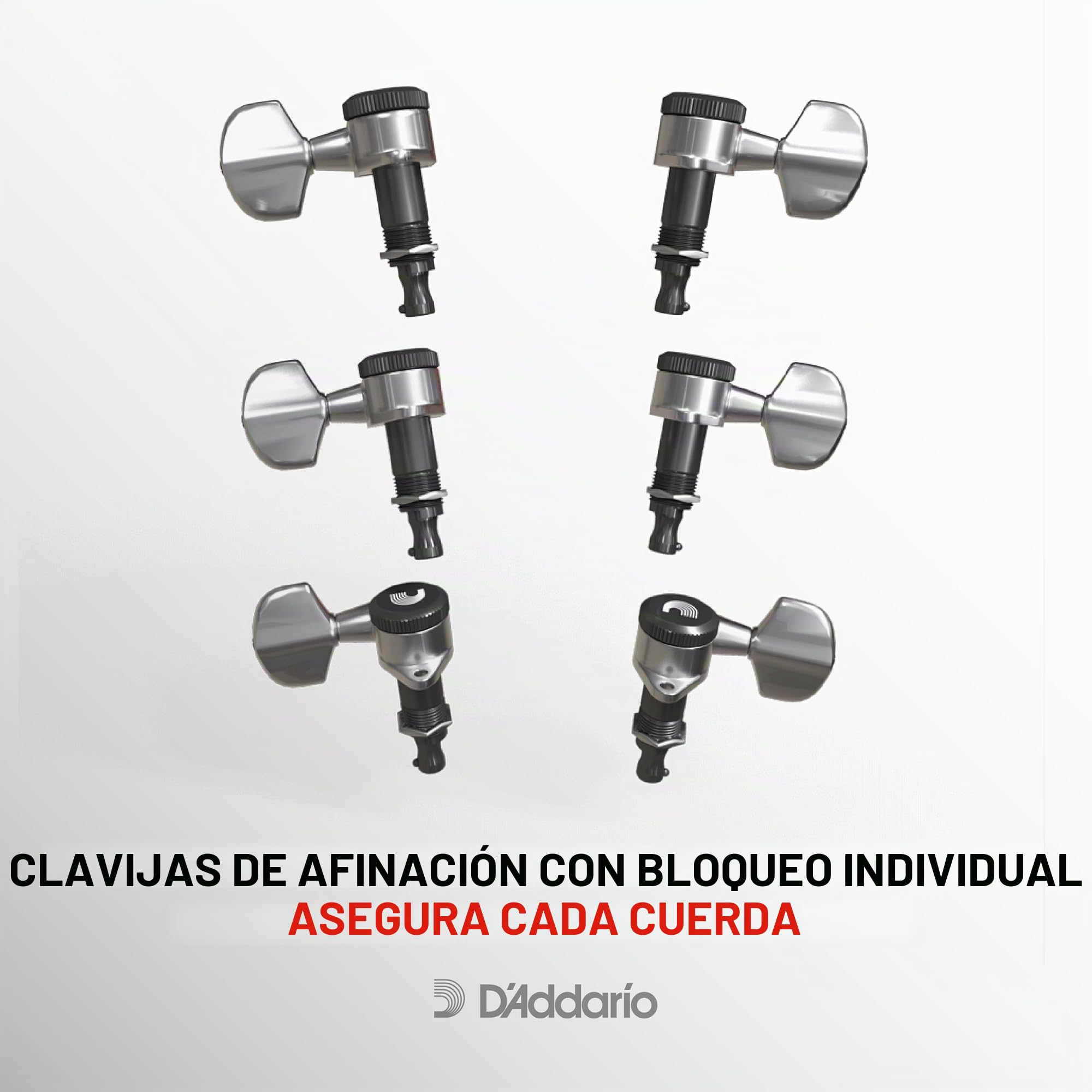 Afinadores D'Addario Auto-Trim con bloqueo para cuerdas de guitarra, clavijas de afinación para ajuste 6 en línea, negro