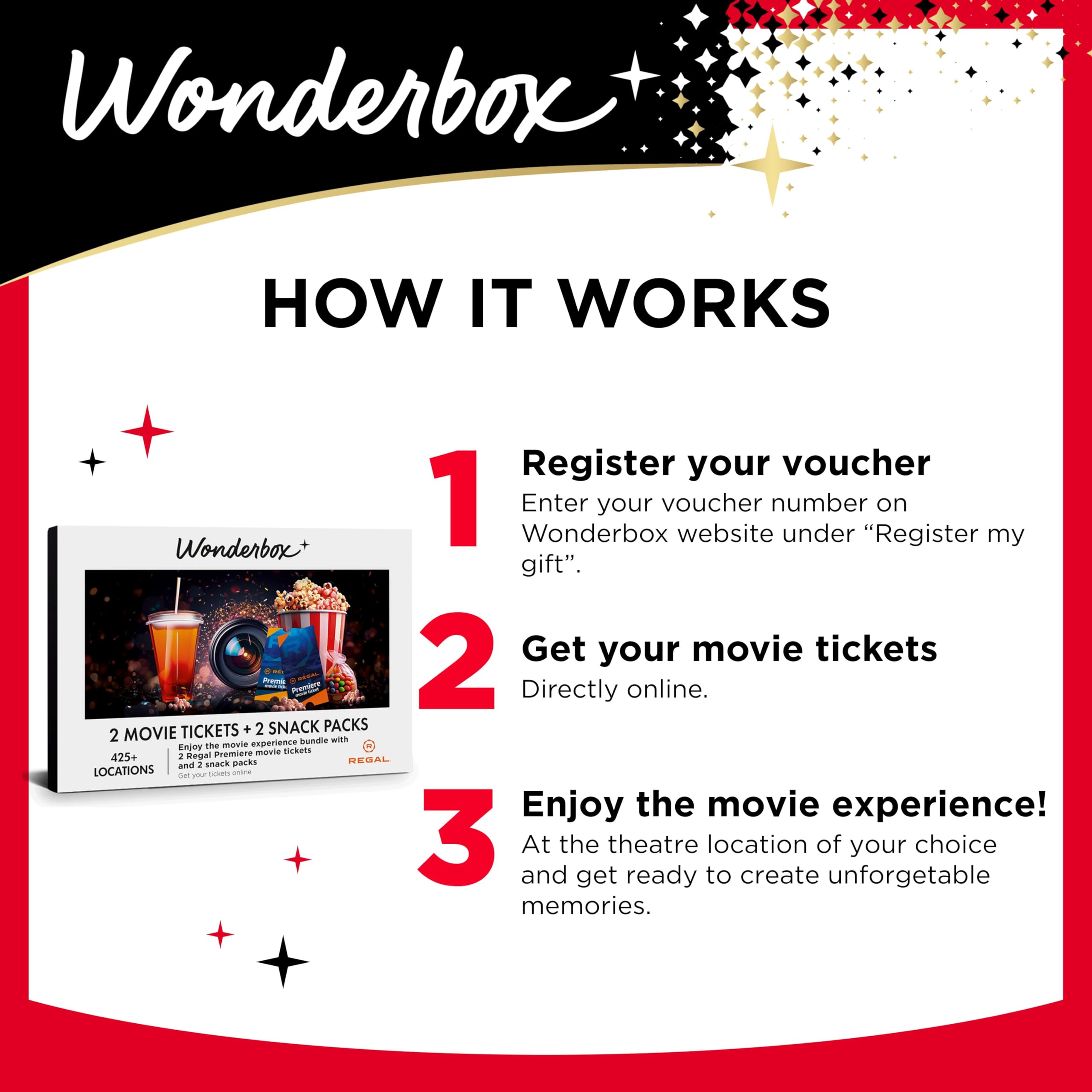 Wonderbox REGAL Movie Bundle - 2 Premiere Movie Tickets + 2 Snackpacks - Originelle Geschenkidee - Erlebnisgeschenk - 425 Standorte in den USA
