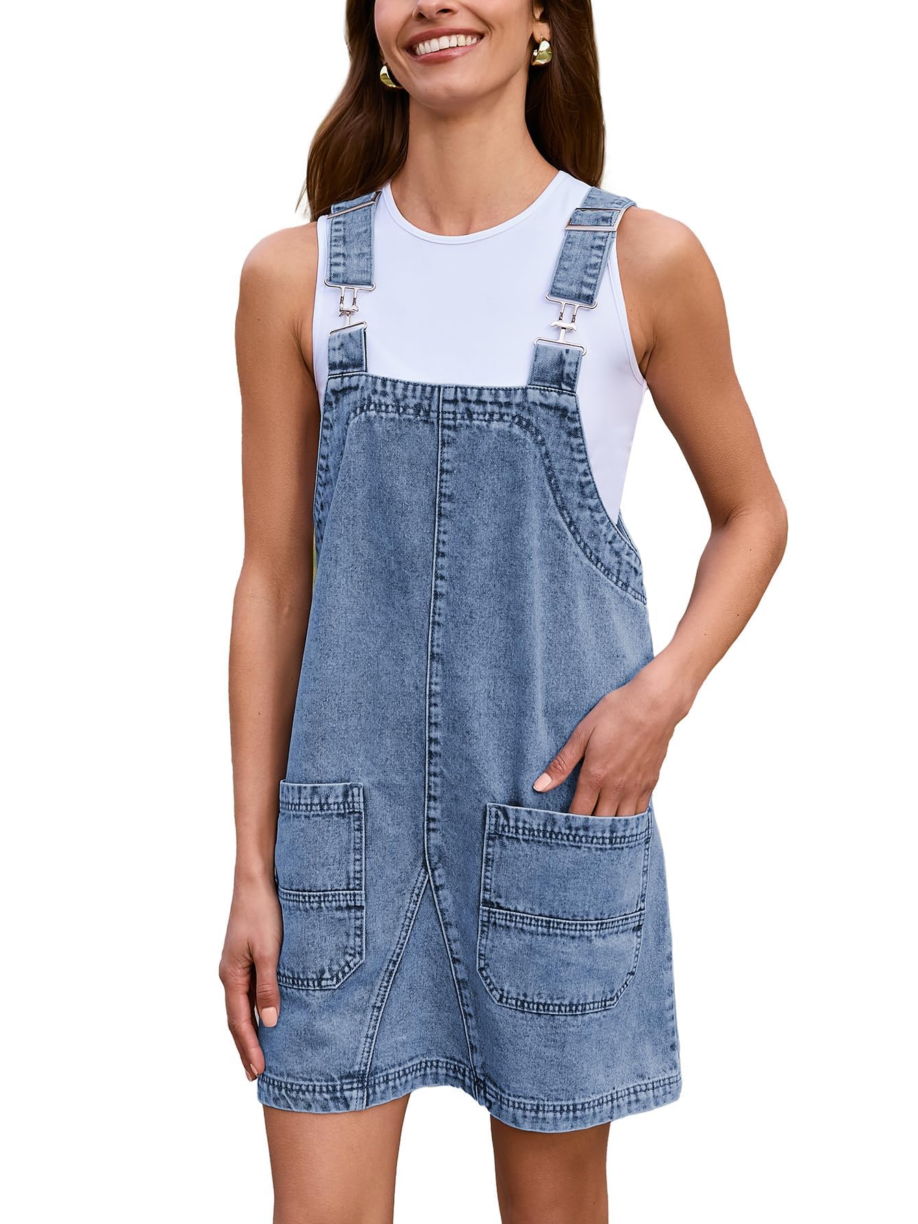 Women's Denim Overall Dress Jean Sleeveless Mini Pinafore Adjustable Straps Overall Dress With Pocket