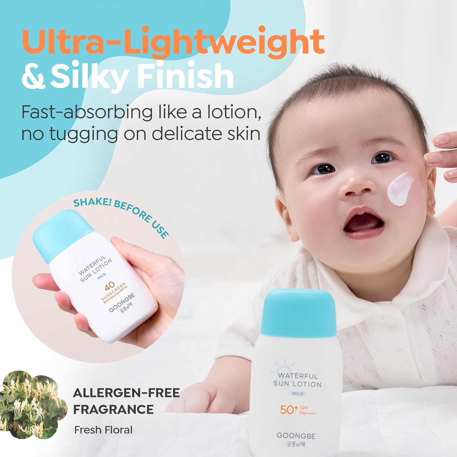 GOONGBE Sun Lotion SPF 40 & Moisture Sun Cushion SPF 50 Zinc Oxide Mineral Sunscreen - Vegan for Babies Kids Adults - Korean Skincare, 2.82oz & Cushion 0.81oz