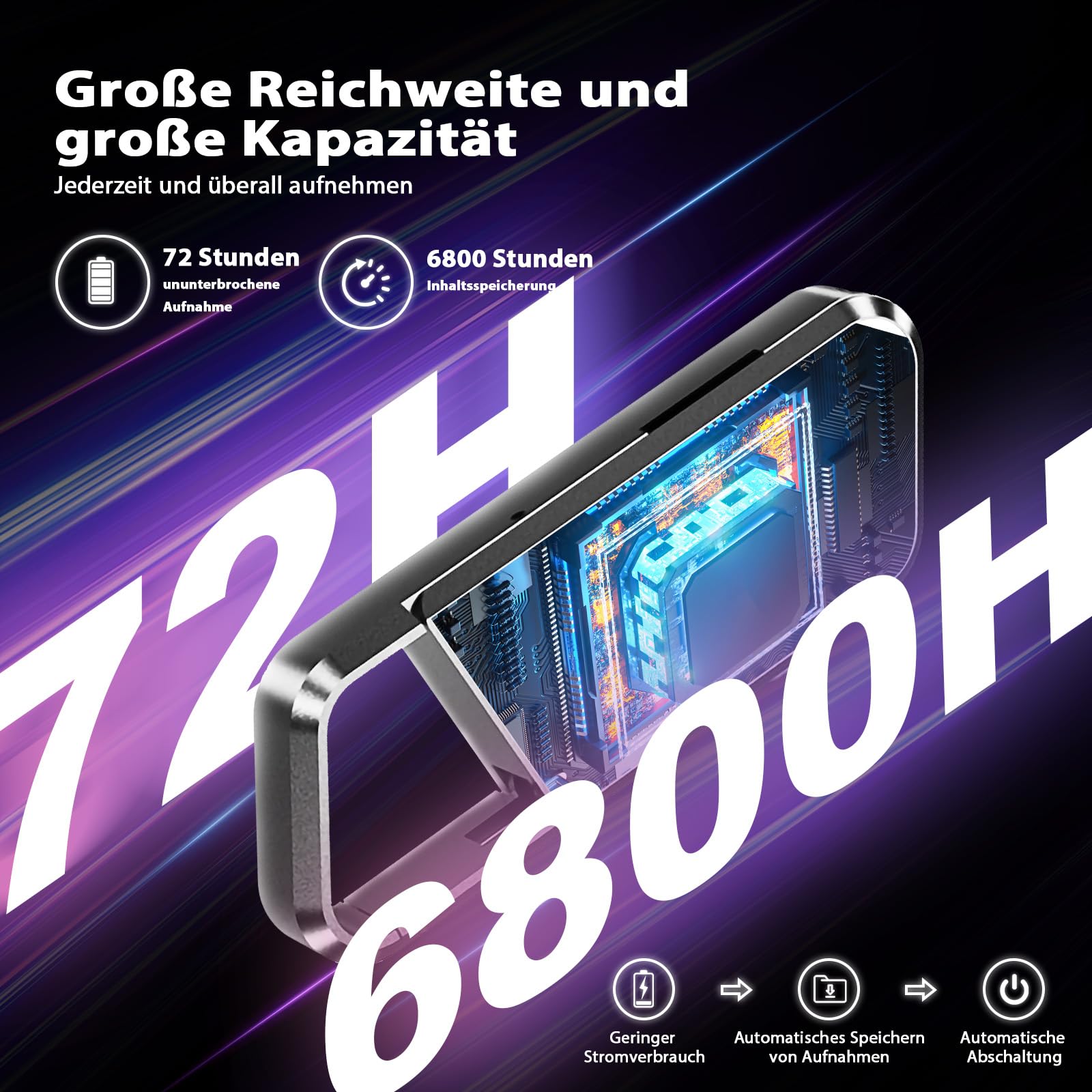 72GB Grabador de Voz con reconocimiento de Voz – grabadora, Grabador móvil con DSP5.0 Compatible OTG, 6800h duración de grabación de Contenido, Grabador de Voz para reuniones/interviews/conferencias