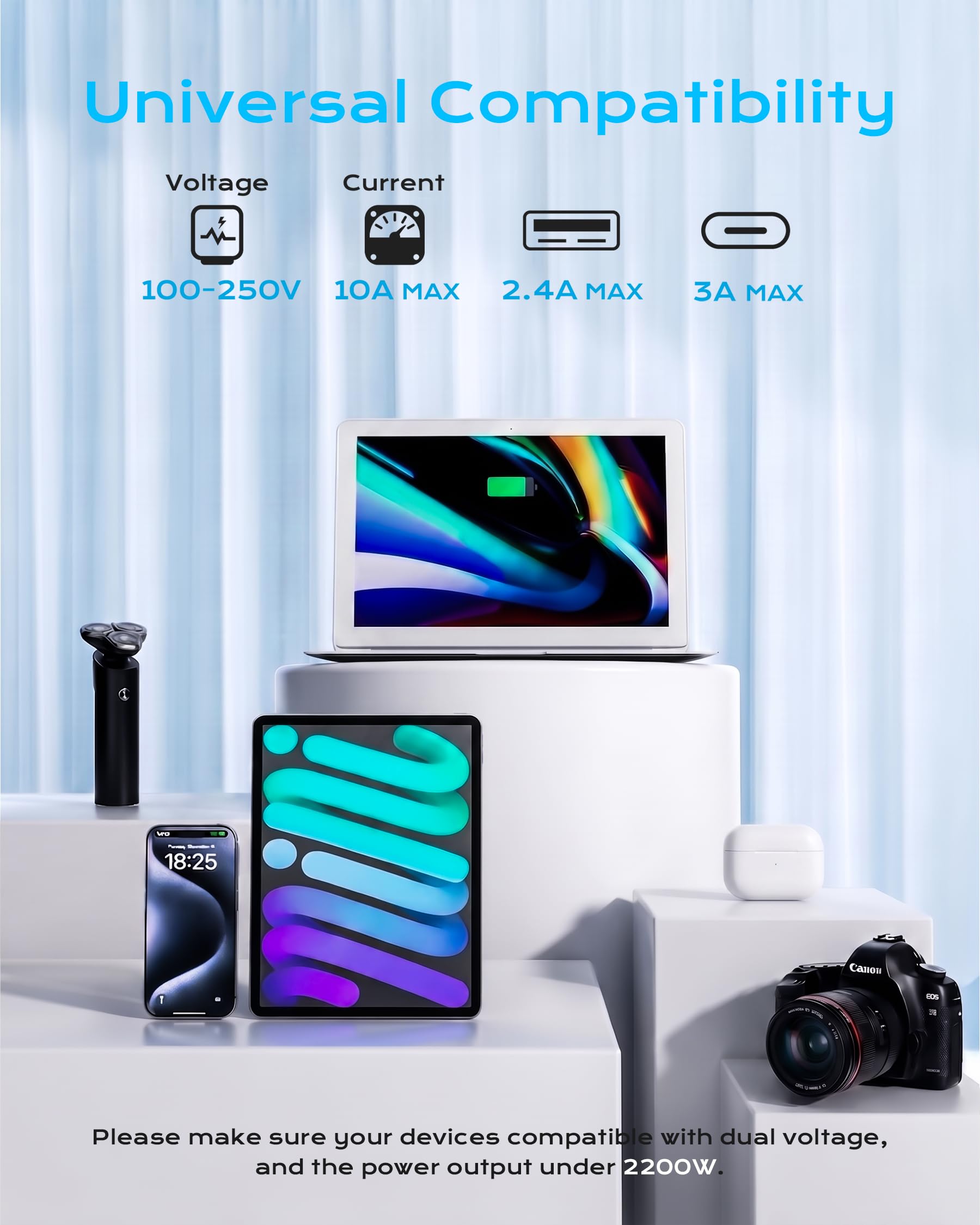 Adaptador de enchufe de viaje europeo, Olcorife con adaptador de enchufe de la UE Reino Unido, 6 tomacorrientes 3 puertos USB con cable de extensión de 5 pies, adaptador de corriente internacional